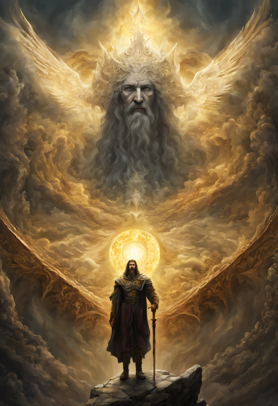a medieval fantasy setting, humanity in search of a powerful god, the god above all flying over the world, fractals of light, clamor, the god's ace does not appear a strong light covers his face