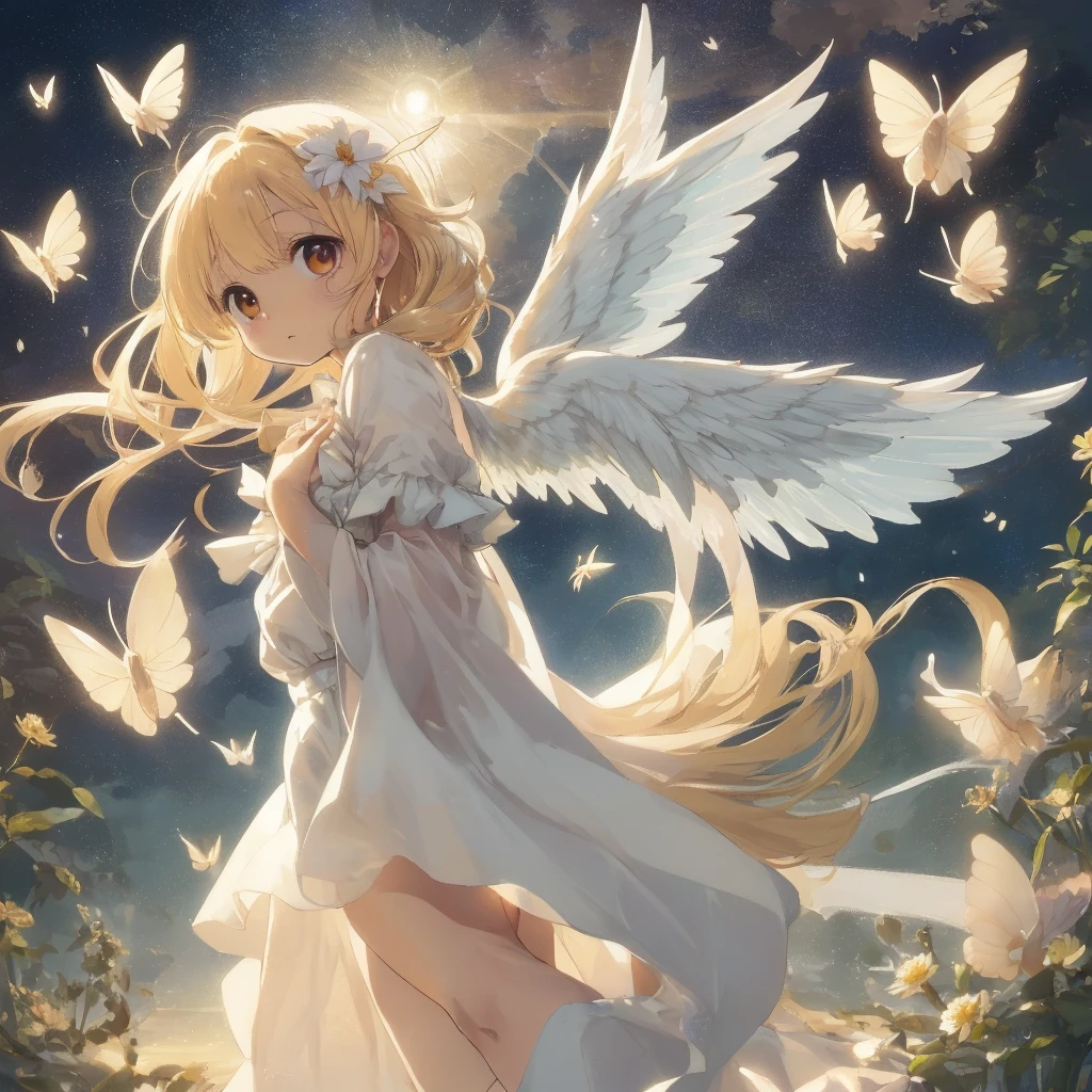 angel, small, cute, wings, golden halo, flying, peaceful, heavenly, pure, gentle, ethereal, soft, delicate, innocent, cherubic, divine, celestial, radiant, serenity, dreamy, magical, floating, graceful, harmonious, tranquility, blissful, tender, ethereal light, shimmering, serene garden, flowers, butterflies, golden light, celestial beings