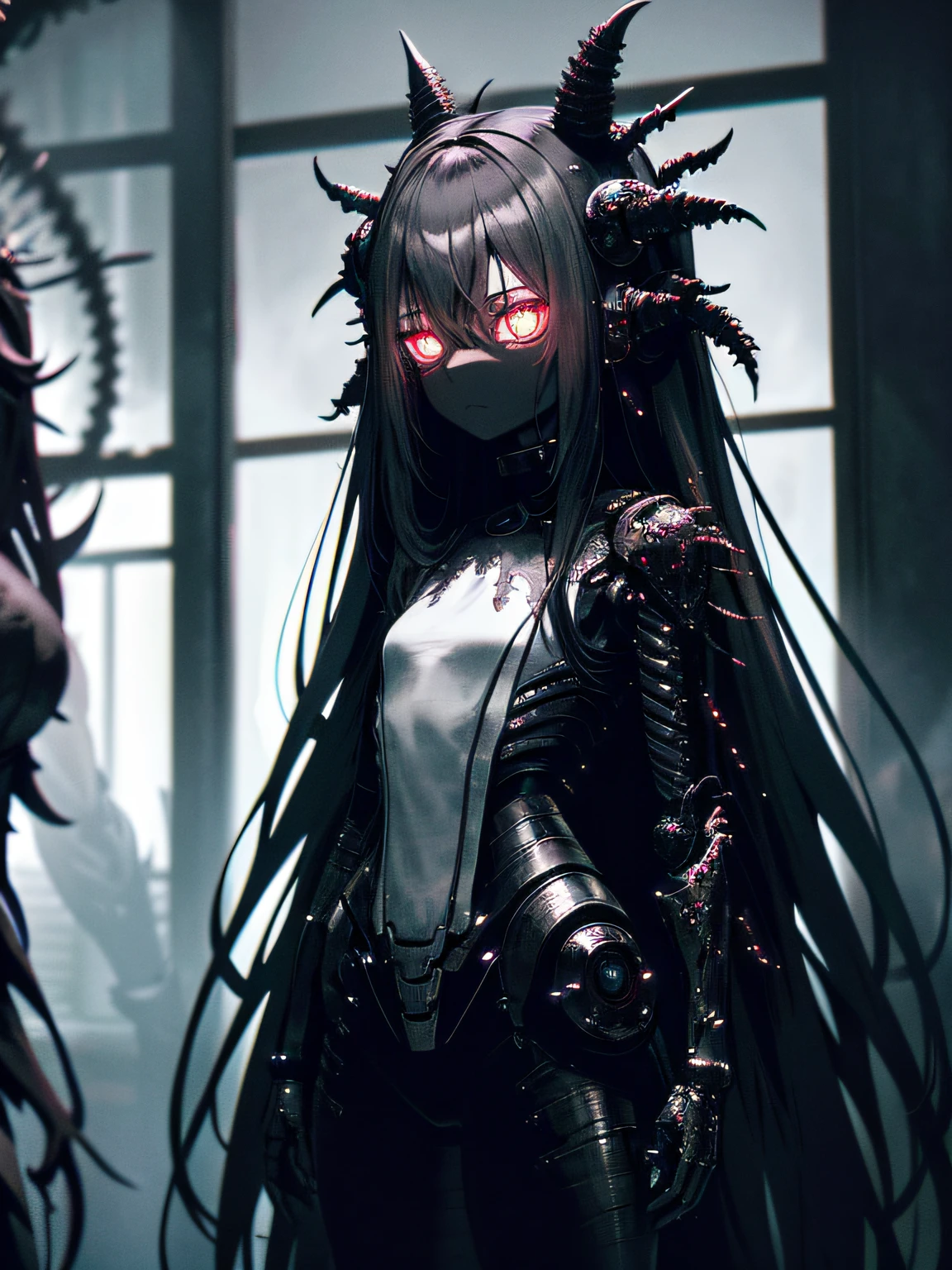 ((gloomy biopunk atmosphere)), (beautiful anime biopunk girl), (dark gray skin), lamp glowing eyes, very long brown hair, short clothing, steel dots in skin, cold lighting, (scorn videogame style), horror atmosphere, presence of something terrible, biopunk background, background by Hans Giger, perfect anatomy, masterpiece