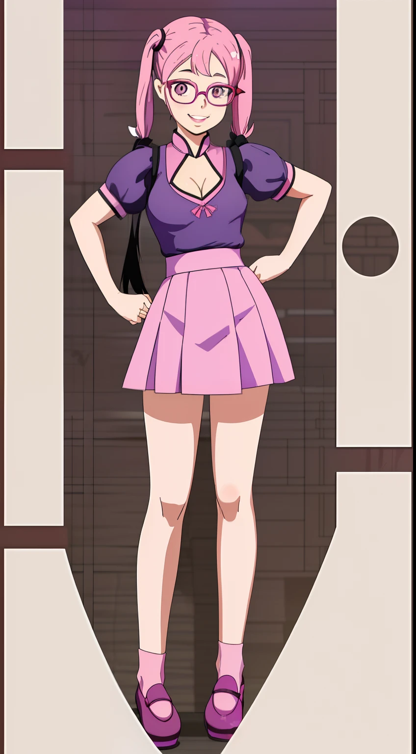 1 girl young girl with glasses, she smiles, tall, small eyes, teenage, "side bunds", (pink pigtails hair), big lips, waring a purple Monochromatic Cheongsam. Skirt with petticoat (short sleeves) and ((cleavage)) pink ribbon.
