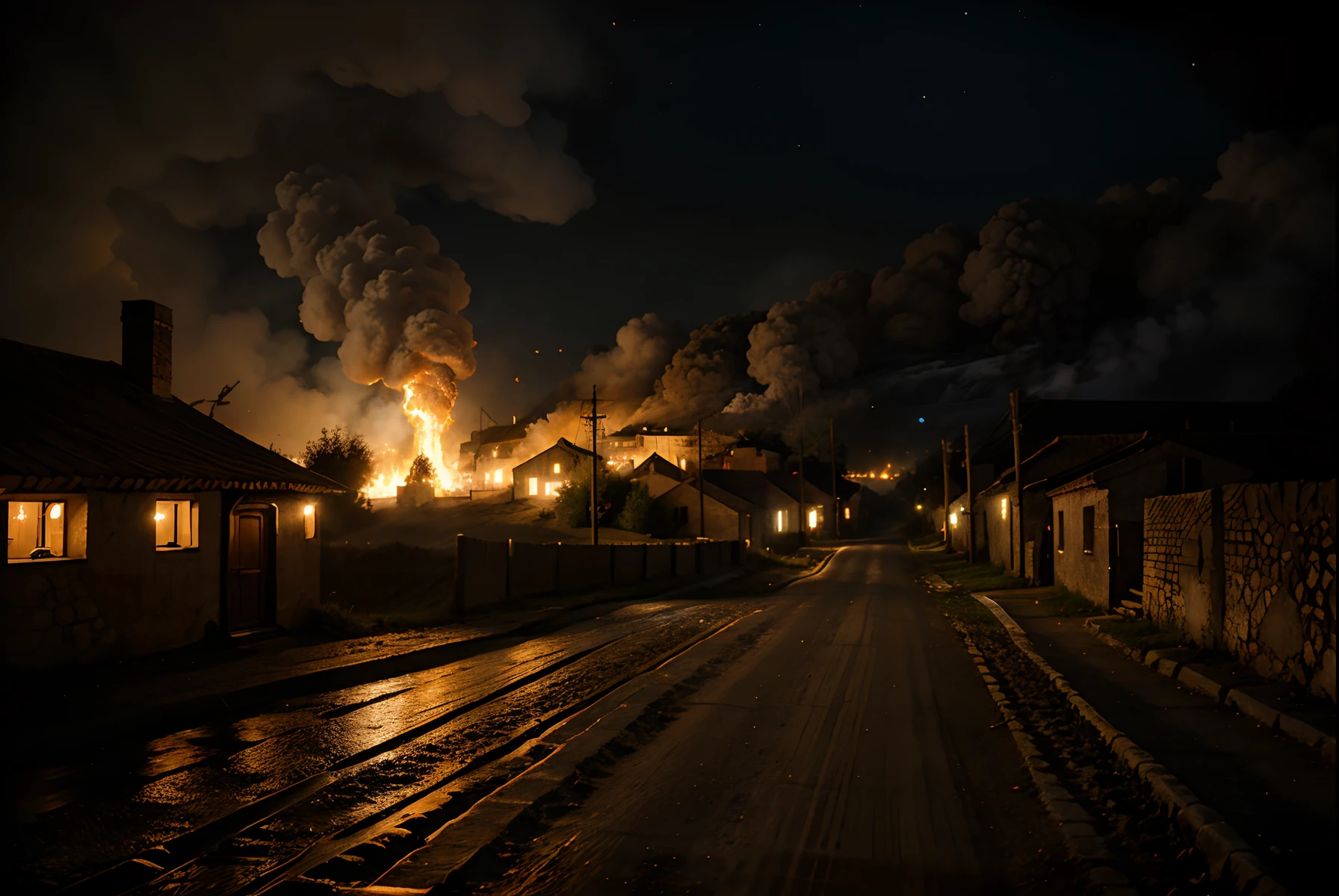 medieval town on fire, dirt road, night
