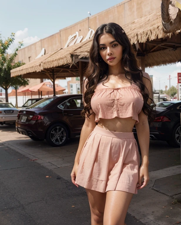 A cute young latina woman with long curly black hair , wearing a ((highly detailed peach color cotton crop and skirt)) she has big breasts and a tiny waist ((Hyper-realistic)) beautiful brown eyes ((lifelike skin texture)) and cute pouty lips ((detailed pupils)) standing outside a parking lot with luxuriy cars in the background ((high detailed image))a full mage where  she is wearing red  heels 👠, and has a beautiful body 🍒 🍒 , ((Photorealistic)) 8k,UHD, high quality imge, RAW photo