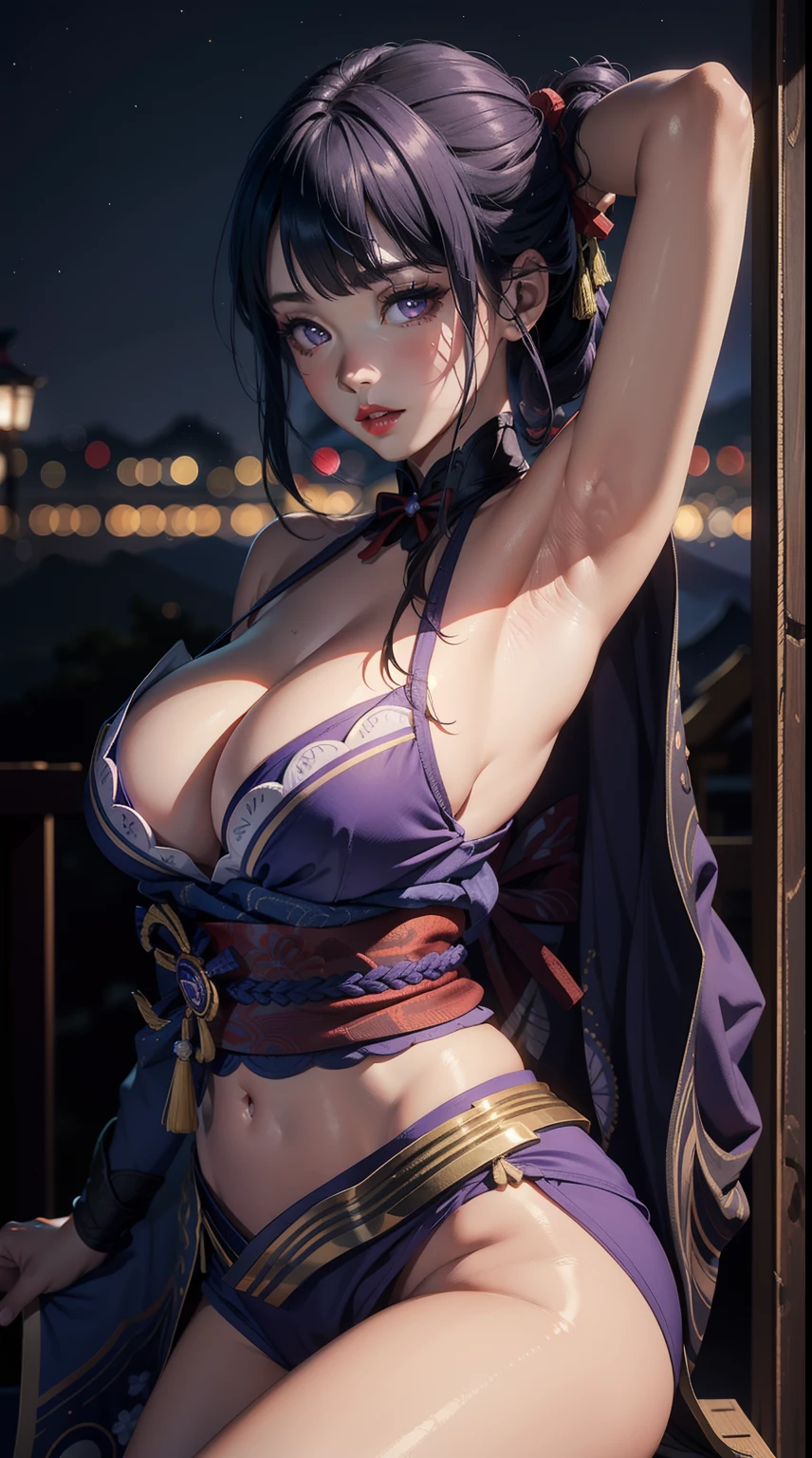 ((masterpiece)),(bestquality),((ultra-detailed)), ((beautiful detailed sky)), ((cinematic lighting)), depth of field, (dynamic angle),detailed lighting,(beautiful detailed eyes), ((japan night view)),red lip, eyeshadow,large breast, (erotic), ((sexy)), cleavage, navel, exposed armpits, (raidenshogundef)