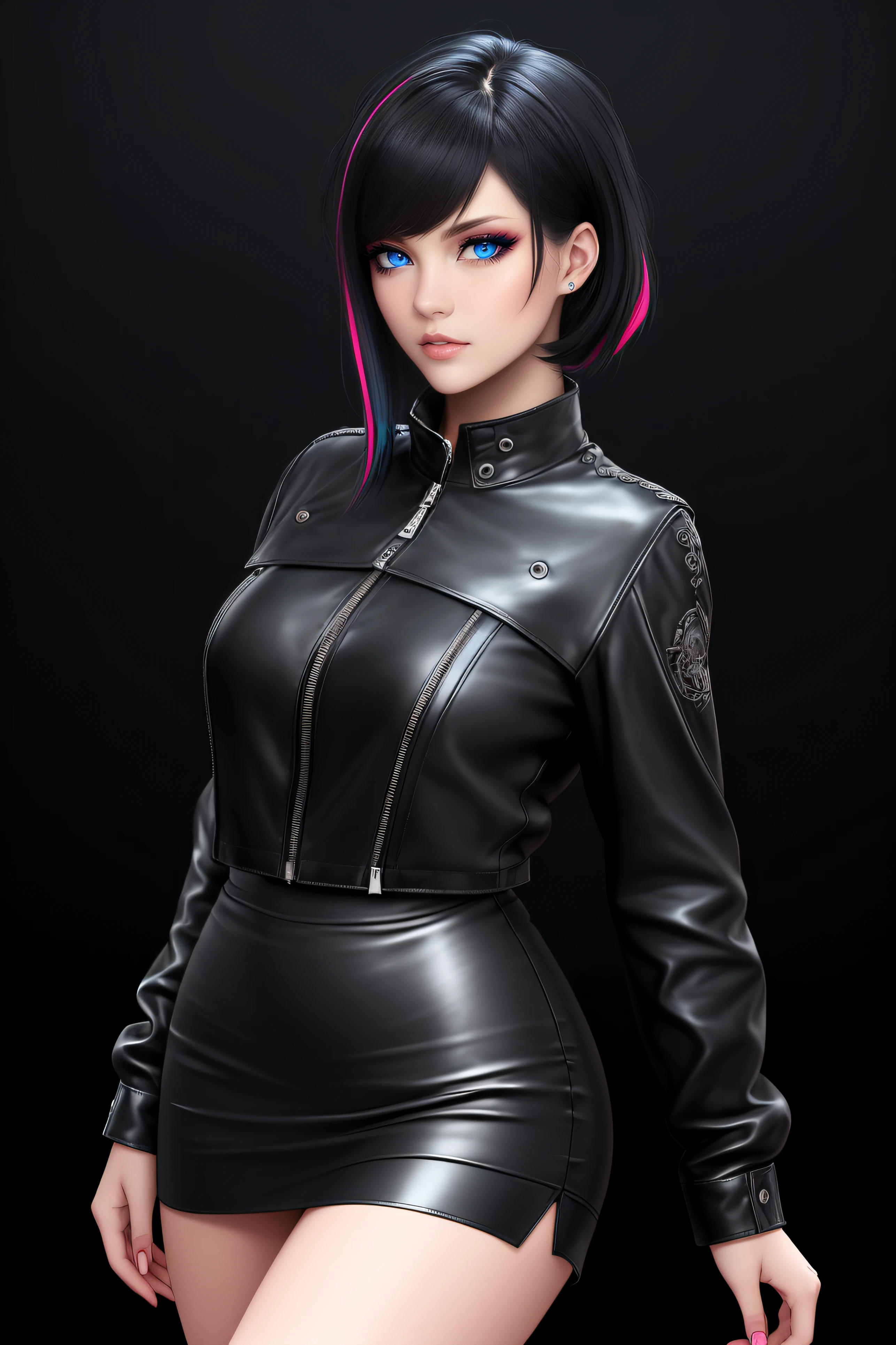 beautiful girl, ((standing:1.4)), (confident gaze:1.1), full body, short bright neon streaked black hair, ((realistic highly detailed eyes:1.4)), ((seductive pose:1.2)), black eyeshadow, (street style wear:1.2), ((short skirt)), ((knee high leather boots)),((dark plain black background:1.4)), dark makeup, digital art, trending on artstation, highly detailed, fine detail, intricate, detailed facial features, sharp focus, smooth, aesthetic,