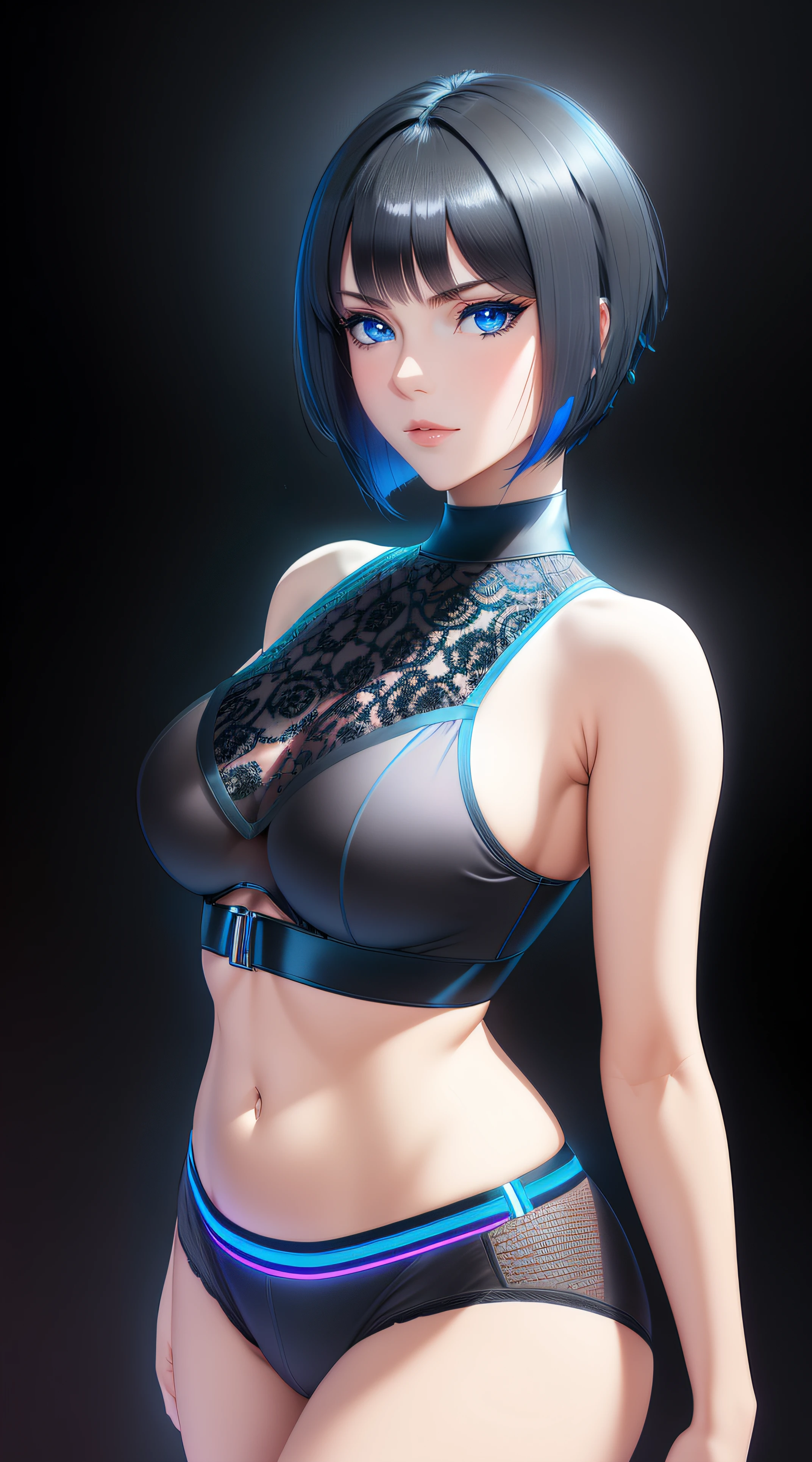 25-Year-Old Woman, Full Body, Adult, Dark Blue Water-Colored Eyes, Neon Lighting, Black Bob Short Hair, lace underwear, Serious Face, Realistic Face Resolution, Realistic, Object Resolution, ((dark plain black background:1.4))