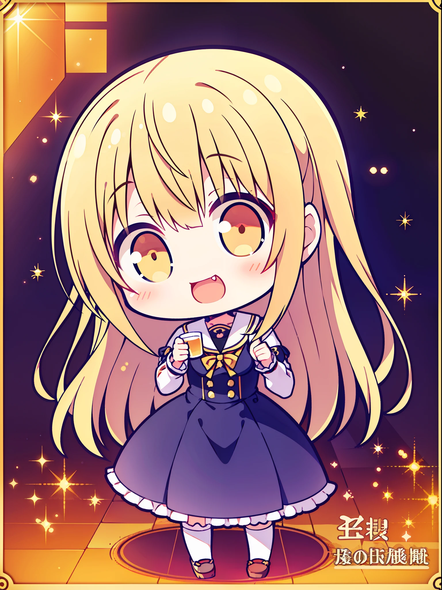 Shiina Mahiru, a loli character (long blonde hair, square bangs, big golden yellow eyes, blushing), wearing a black navy blue transparent dress, smiling broadly (opening mouth with one fang), in a cup, (detailed background), (cute images), (best loli images), (cute design), (anime style), (masterpiece)