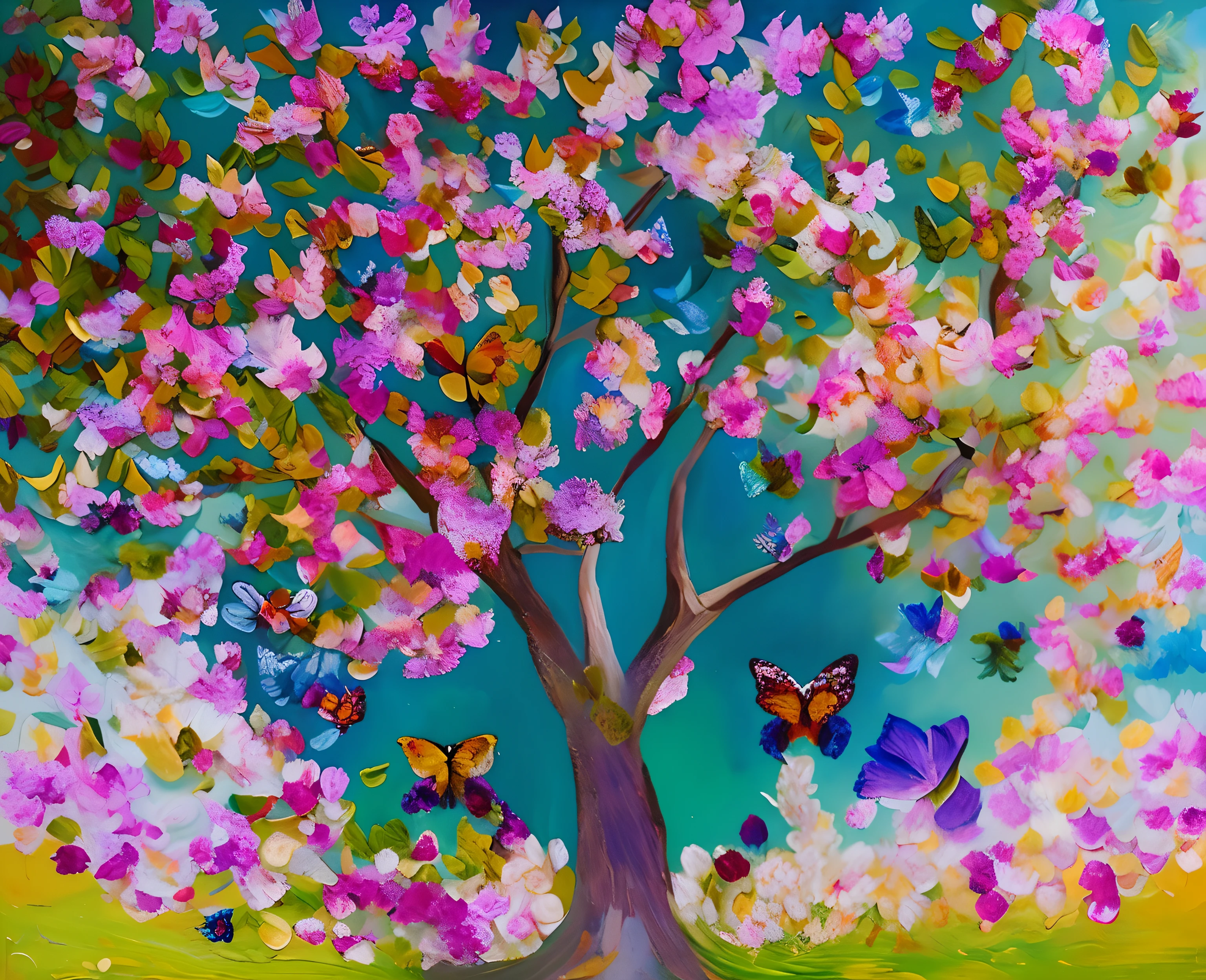 Painting of a tree with colorful flowers and butterflies in the sky, flores e borboletas, psychedelic flowers and trees, pintura impasto, arte bonita, floresta com flores azuis, breathtaking art, Detailed trees in bloom, pintura com faca de paleta, Harmonia da borboleta, inspirado em Tomokazu Matsuyama, the tree of life, trees and flowers, arte caprichosa, flowers and trees