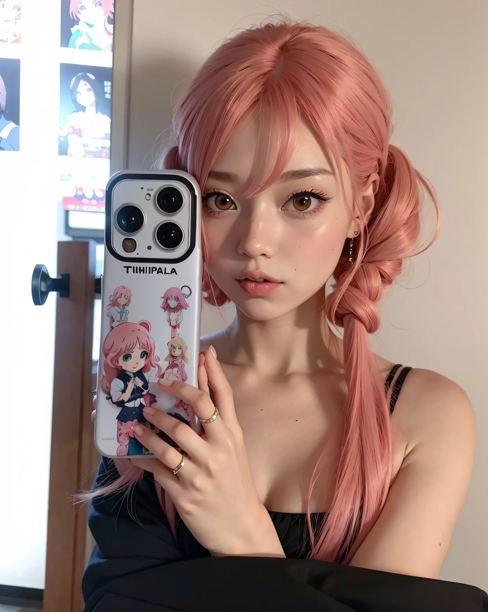 Menina loira com cabelo rosa tirando uma selfie em frente a um espelho, Menina anime na vida real, Ulzzang, com cabelo rosa, Inspirado em anime, cabelo rosa twintail e olhos cianos, linda Delphine, cabelo liso rosa, Estilo anime misturado com Fujifilm, anime vibes, menina bonito com cabelo rosa curto, branco hime corte penteado, long flowing pink hair