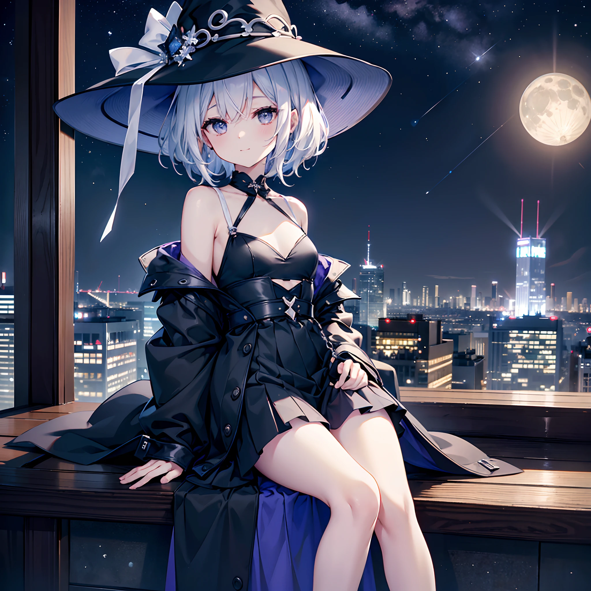 深夜の東京の公園のベンチでグラビアポーズをしているnakedのOL、She has a grey lob and short bob hair and wears a large black witch hat with sapphire jewelry.、A few star creams、Beautiful starry sky、Beautiful night view、large and black witch's hat 、Small breasts、Small breasts、全naked、naked、Masturbation、Masturbation、I can see her breasts, navel, vagina, clitoris and labia majora.、一糸纏わぬnaked体、M-shaped legs、Spreading her pussy with her fingers、Open up、R18 Illustration、I can see her breasts, navel, vagina, clitoris and labia majora.