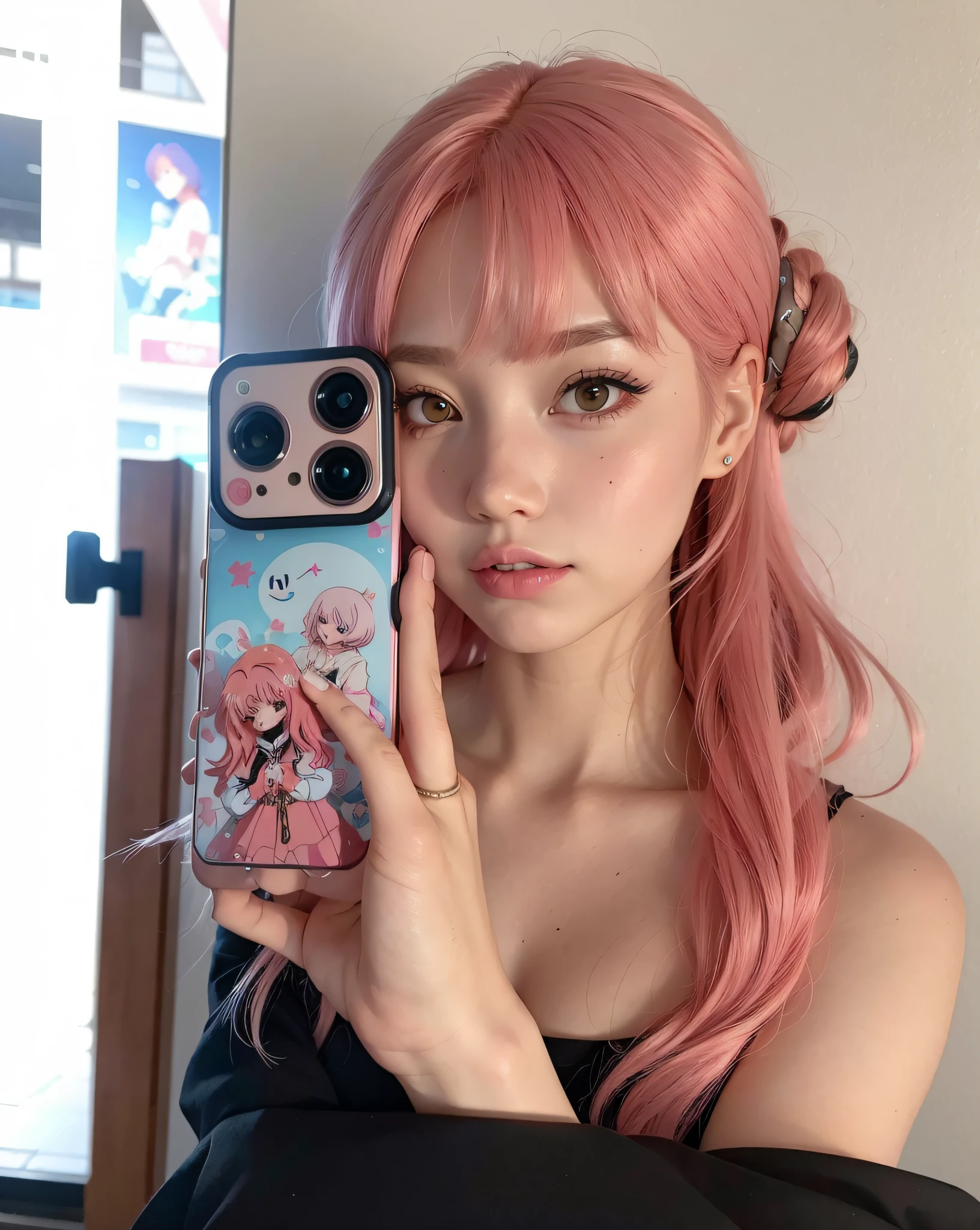 loira com cabelo rosa tirando uma selfie em frente a um espelho, Menina na vida real, Ulzzang, com cabelo rosa, Inspirado em anime, cabelo rosa twintail e olhos cianos, linda Delphine, cabelo liso rosa, Estilo anime misturado com Fujifilm, anime vibes, menina bonitcabelo rosa curto, branco hime corte penteado, long flowing pink hair