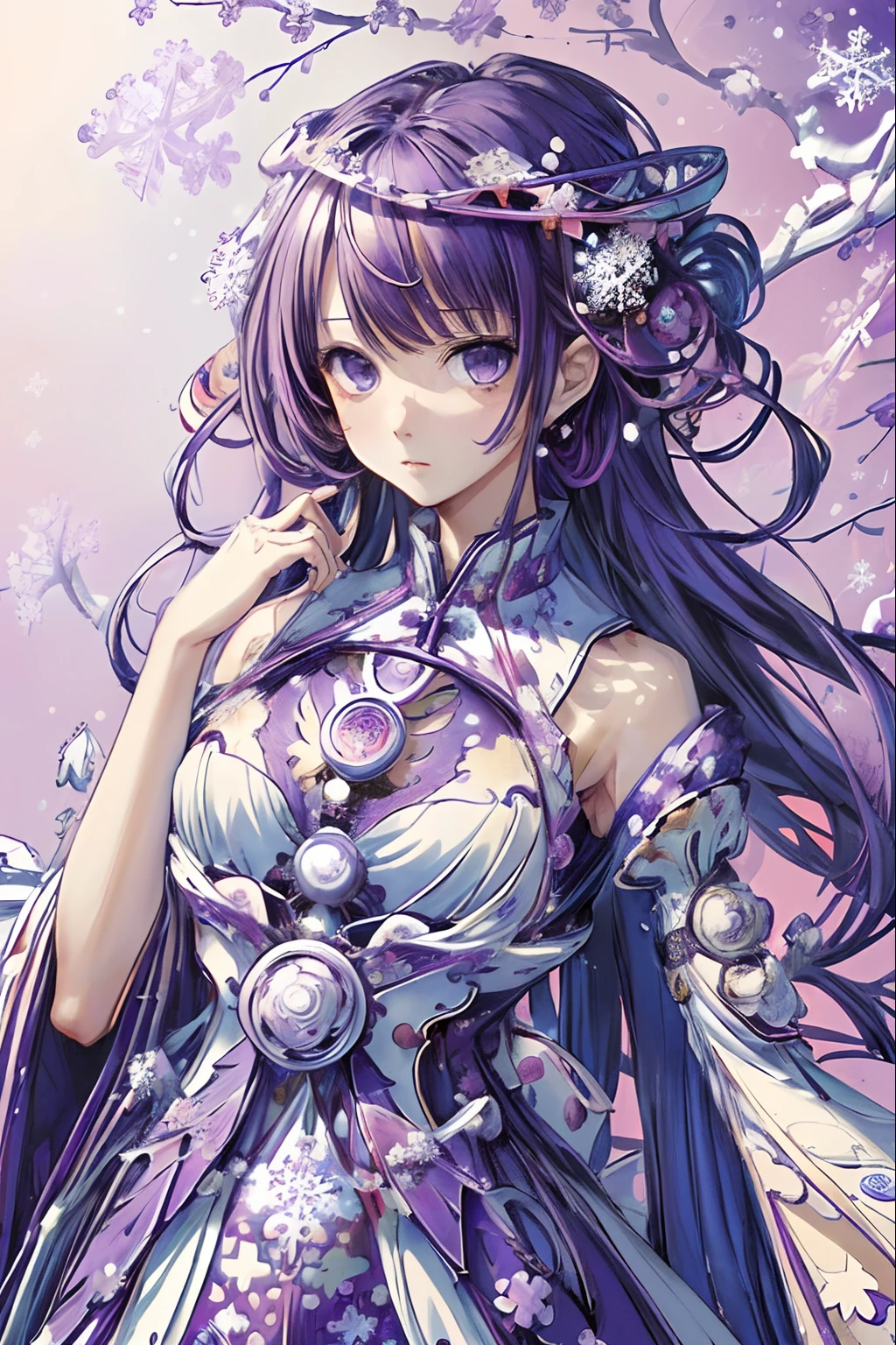 (masutepiece, of the highest quality, Best Quality, Official art, Beautiful and aesthetic:1.2),(1girl in),ighly detailed,(Fractal Art:1.3),Colorful,highest details..,Purple,white,Blue,Chest,lower abdom,snowflakes falling,(Whole body:1.5),faces,(Only one face.:1.1),.