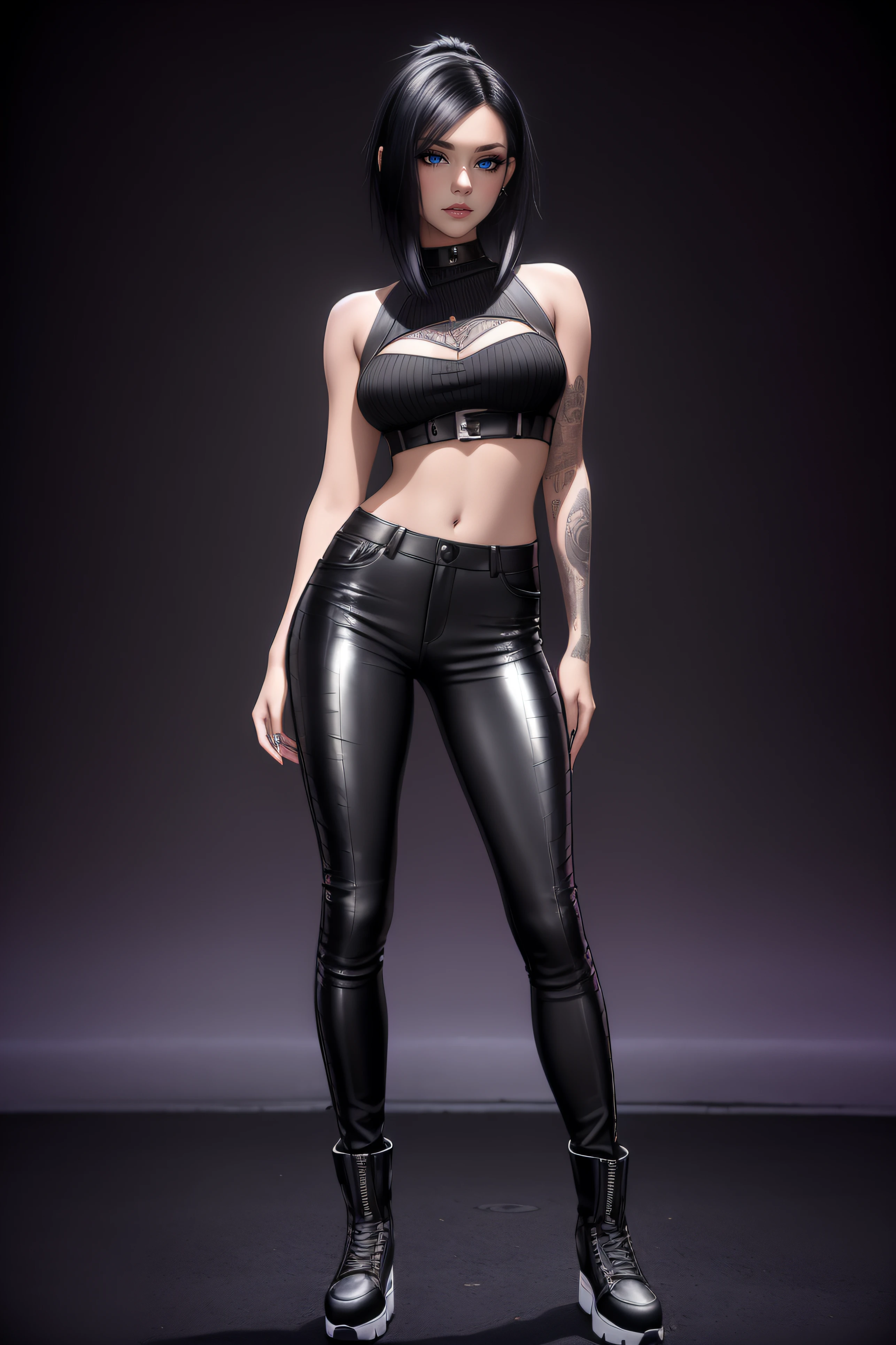 beautiful girl, ((standing:1.4)), (confident gaze:1.1), full body, short bright neon streaked black hair, ((realistic highly detailed eyes:1.4)), ((seductive pose:1.2)), black eyeshadow, (street style wear:1.2), ((tight fitted pants)), ((knee high leather boots)), (dark city night black background:1.4), dark makeup, digital art, trending on artstation, highly detailed, fine detail, intricate, detailed facial features, sharp focus, smooth, aesthetic,