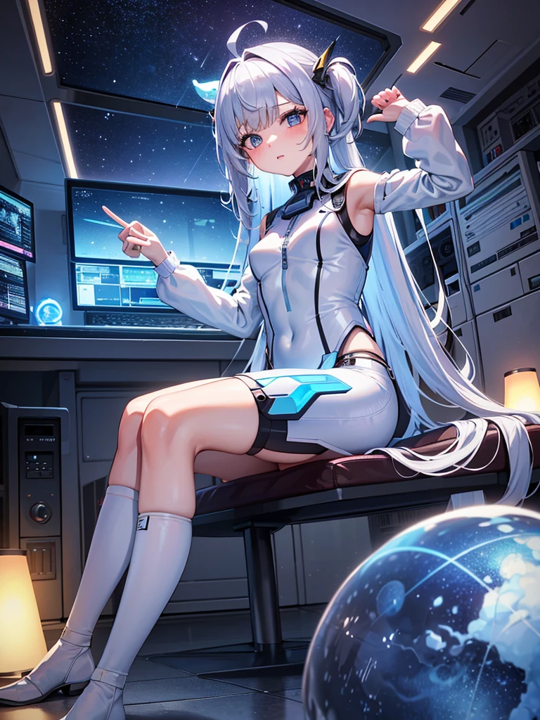 One girl、Inside the spacecraft、A girl and a beautiful sight are spreading。The walls and ceiling are covered with panels of futuristic design.、It has a fantastic glow。The interior of the ship is spacious々and々And々And々And々And々And々And々And々And、A variety of scientific instruments and consoles are located。The interior space of the spacecraft is、、、、、、、、、It features a silvery metallic texture and a curvaceous design、focus on girl