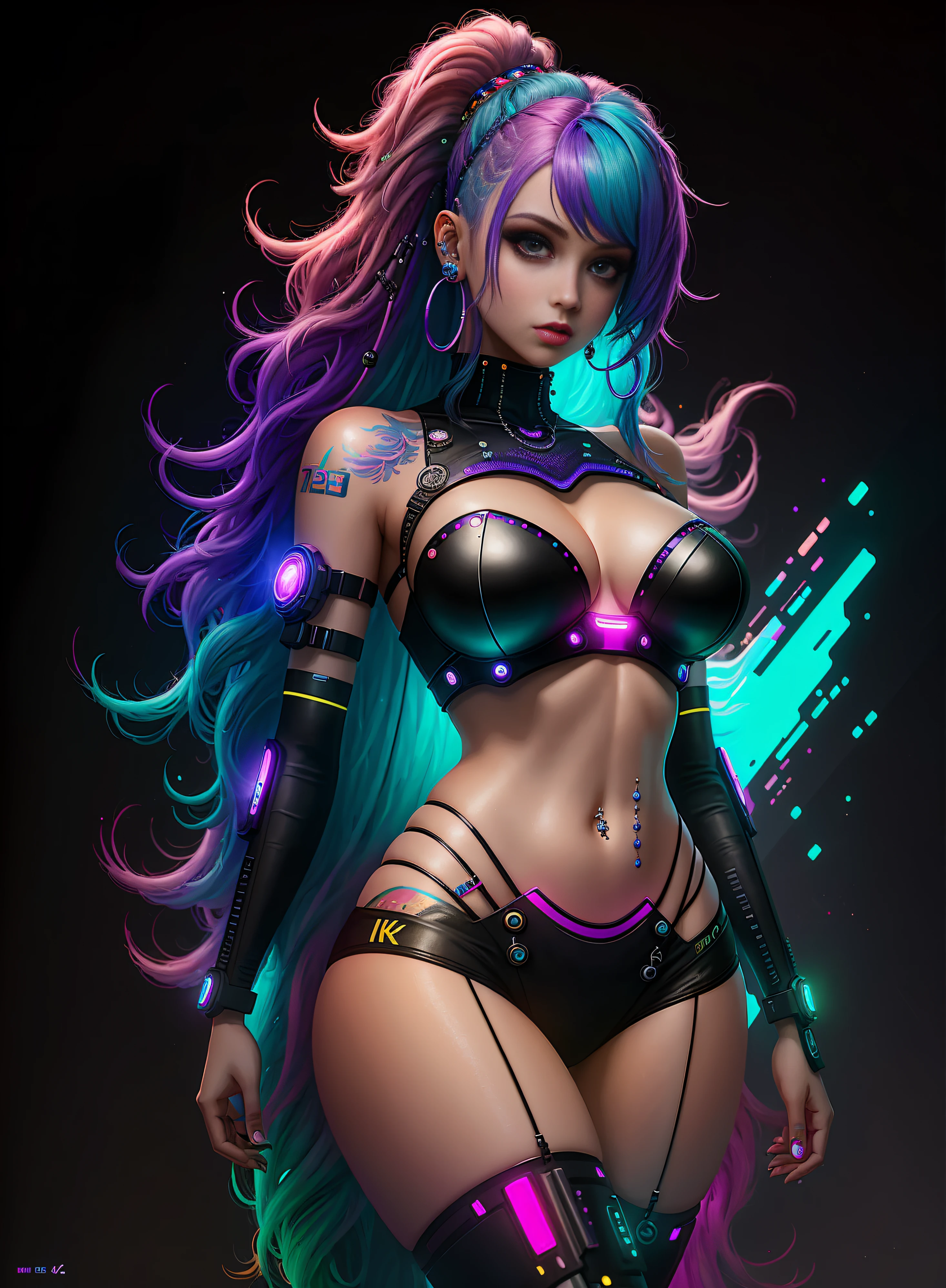 ((best quality)), ((masterpiece)), ((realistic)), (detailed), (1 girl) full body woman with colorful hair and piercings, dreamy cyberpunk girl, 4K high-detail digital art, stunning digital illustration, stunning 8K artwork, colorful digital fantasy art, colorful and dark, beautiful digital artwork, colorful digital painting, cyberpunk digital anime art, girl with luminous wave, 8K HD digital wallpaper art, gorgeous digital painting