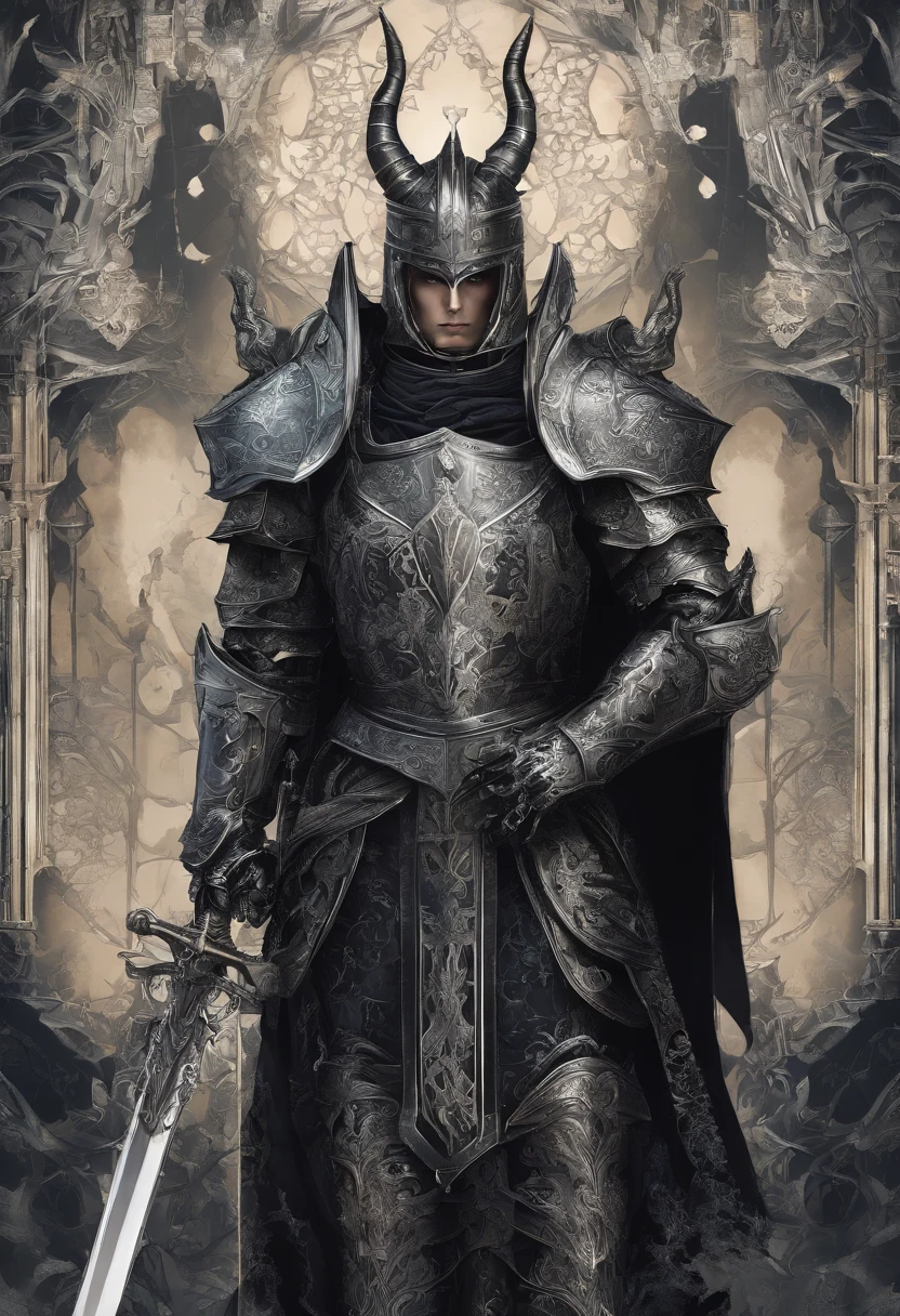 Holy Warrior Male, Vorder-, kniend, Full Silver Armor, Helmet with three horns, Schwert und Schild