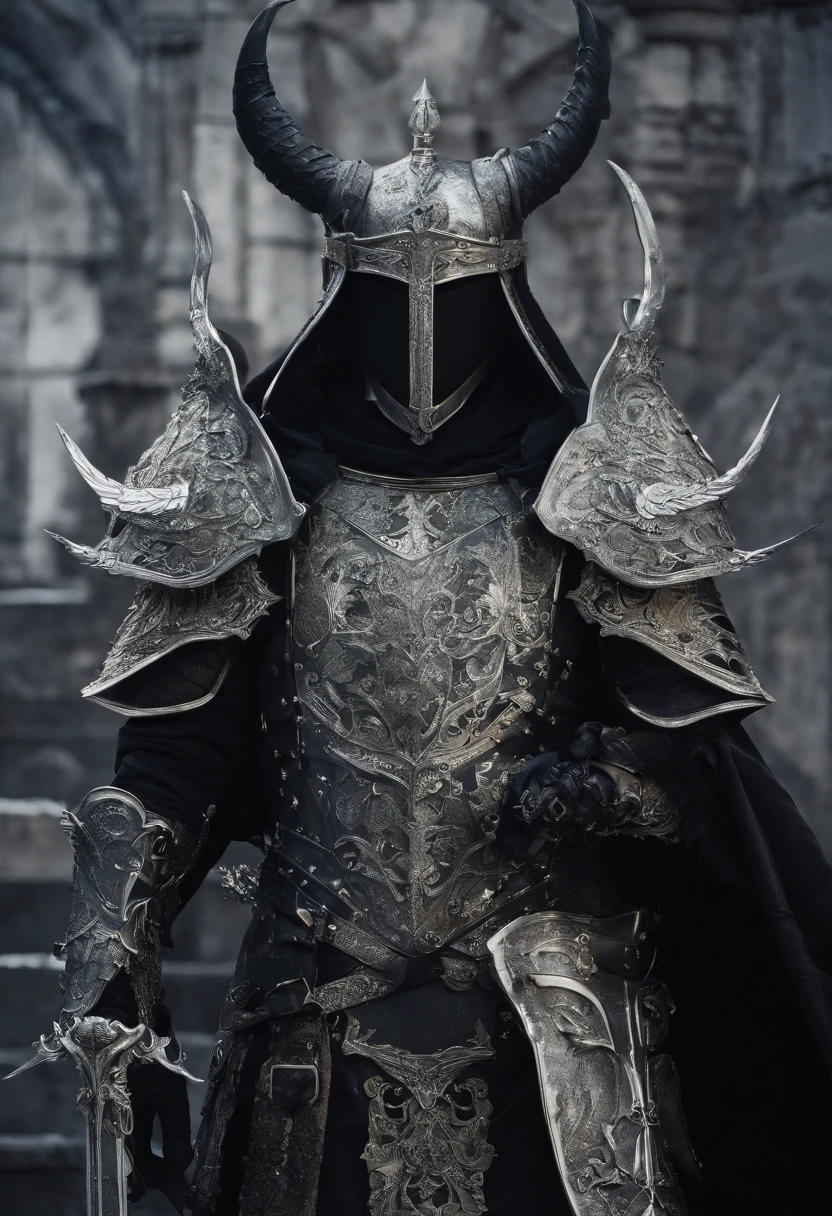 Holy Warrior Male, Vorder-, kniend, Full Silver Armor, Helmet with three horns, Schwert und Schild