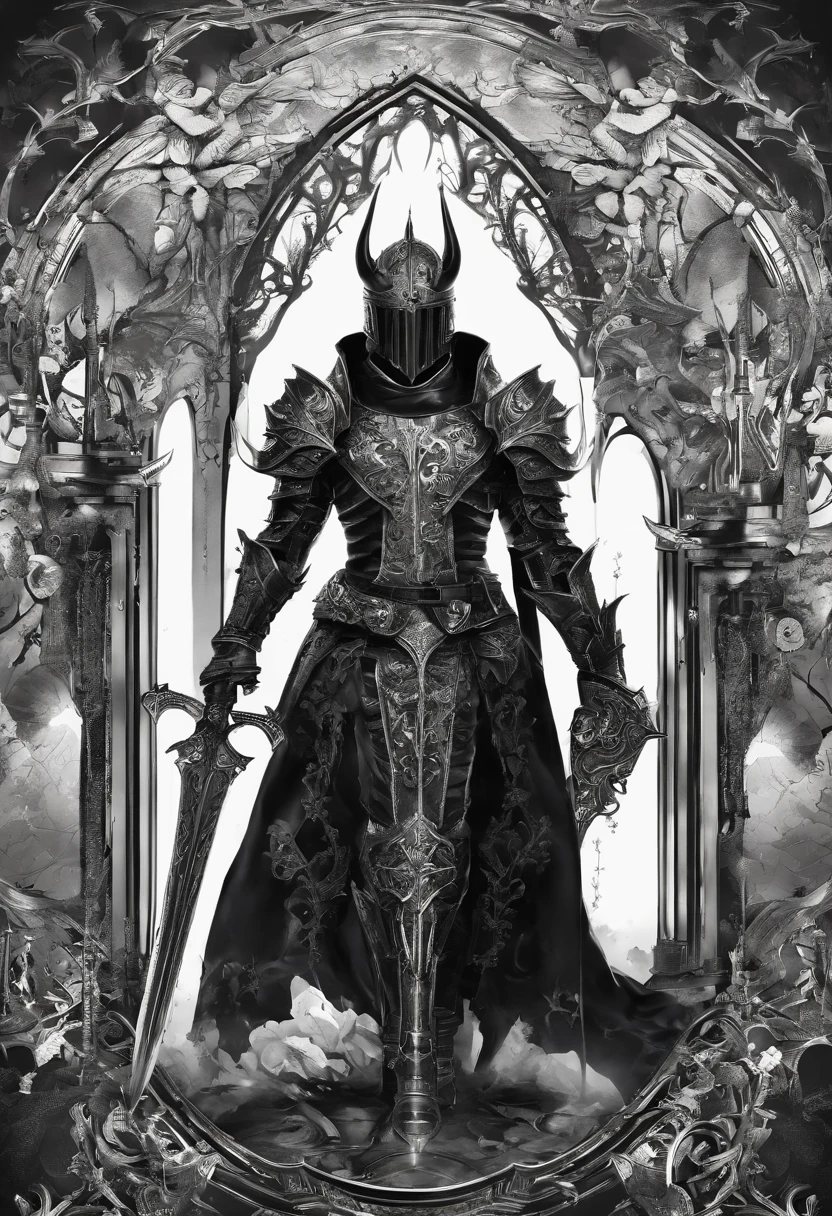 Holy Warrior Male, Vorder-, kniend, Full Silver Armor, Helmet with three horns, Schwert und Schild