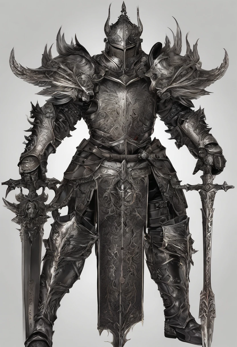 Holy Warrior Male, Vorder-, kniend, Full Silver Armor, Helmet with three horns, Schwert und Schild