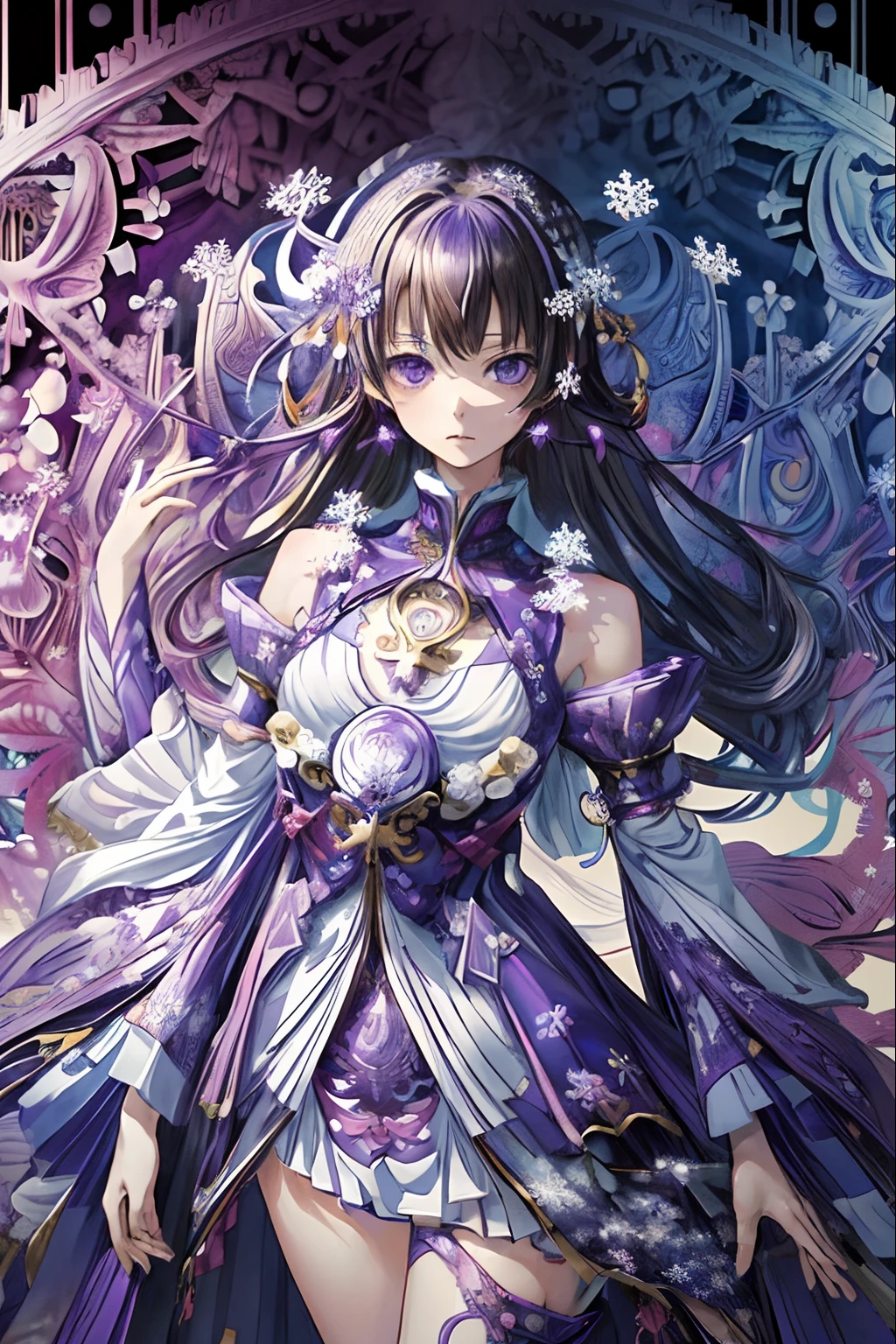 (masutepiece, of the highest quality, Best Quality, Official art, Beautiful and aesthetic:1.2),(1girl in),ighly detailed,(Fractal Art:1.3),Colorful,highest details..,Purple,white,Blue,Chest,lower abdom,snowflakes falling,(Whole body:1.5),faces,(Only one face.:1.1),.