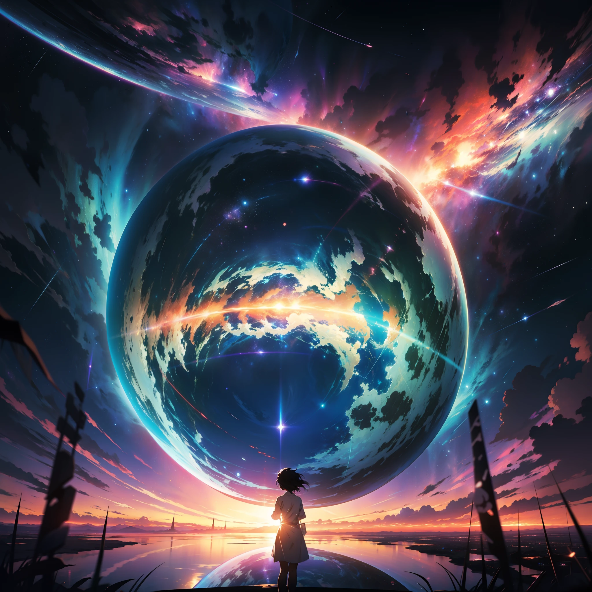 anime - style scene of the most beautiful aesthetic cosmic psychedelic sky with a shooting star and a distant planet, aesthetic cosmic psychedelic atmospheric skies. by makoto shinkai, anime art wallpaper 4k, anime art wallpaper 4 k, anime art wallpaper 8 k, anime wallpaper 4k, anime wallpaper 4 k, 4k anime wallpaper, anime sky, amazing wallpaper, anime background, heaven planet in background, anime background art