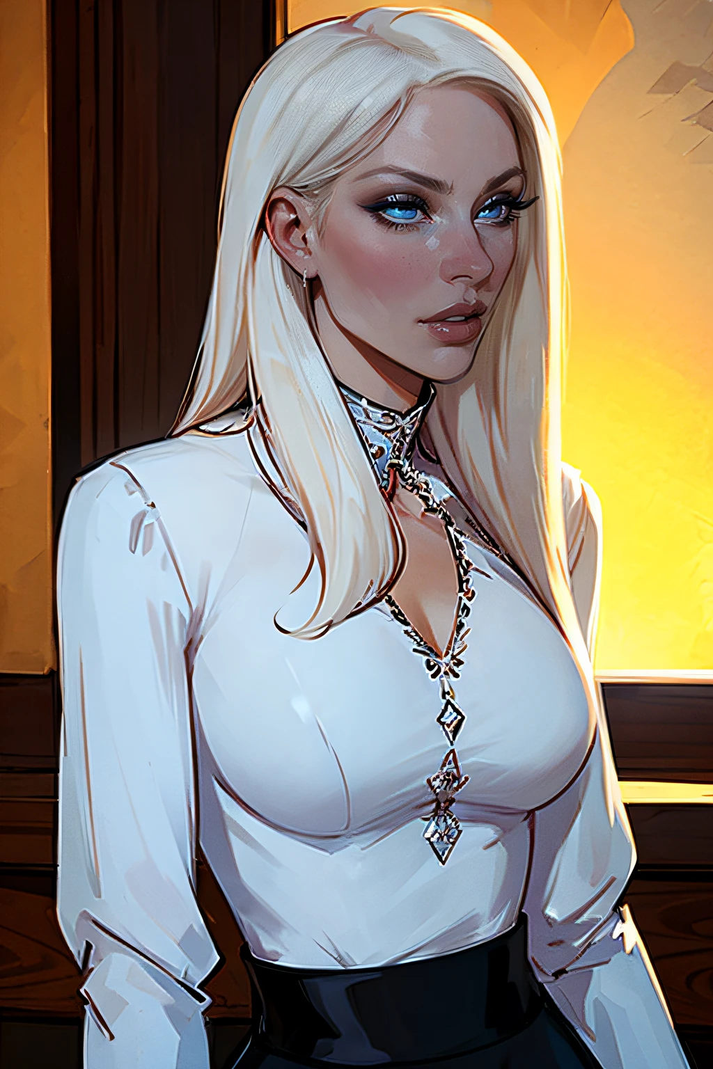 ch3rryg1g, Caucasian, women, Elegant, beautiful, platinum blonde hair, straight hair, skinny, eyeliner, blouse shirt, worried, excited