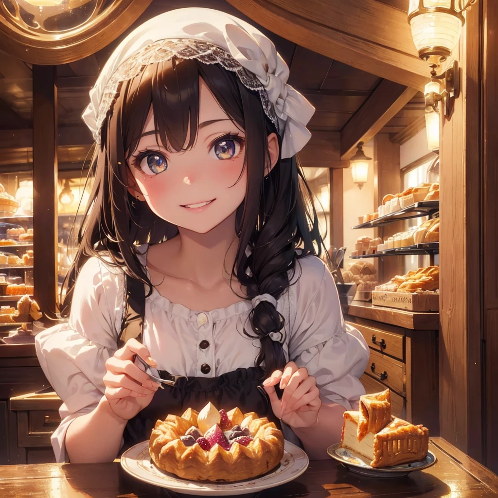 Extremely detailed eyes, bright eyes, beautiful lips, lovely smile, detailed face, 1 girl, (Pastry shop), joyful, cozy, sweet, fairytale atmosphere, (best quality, highres:1.2), (oil painting), colorful pastries, delicate cakes, tempting desserts, warm lighting, warm color tones.