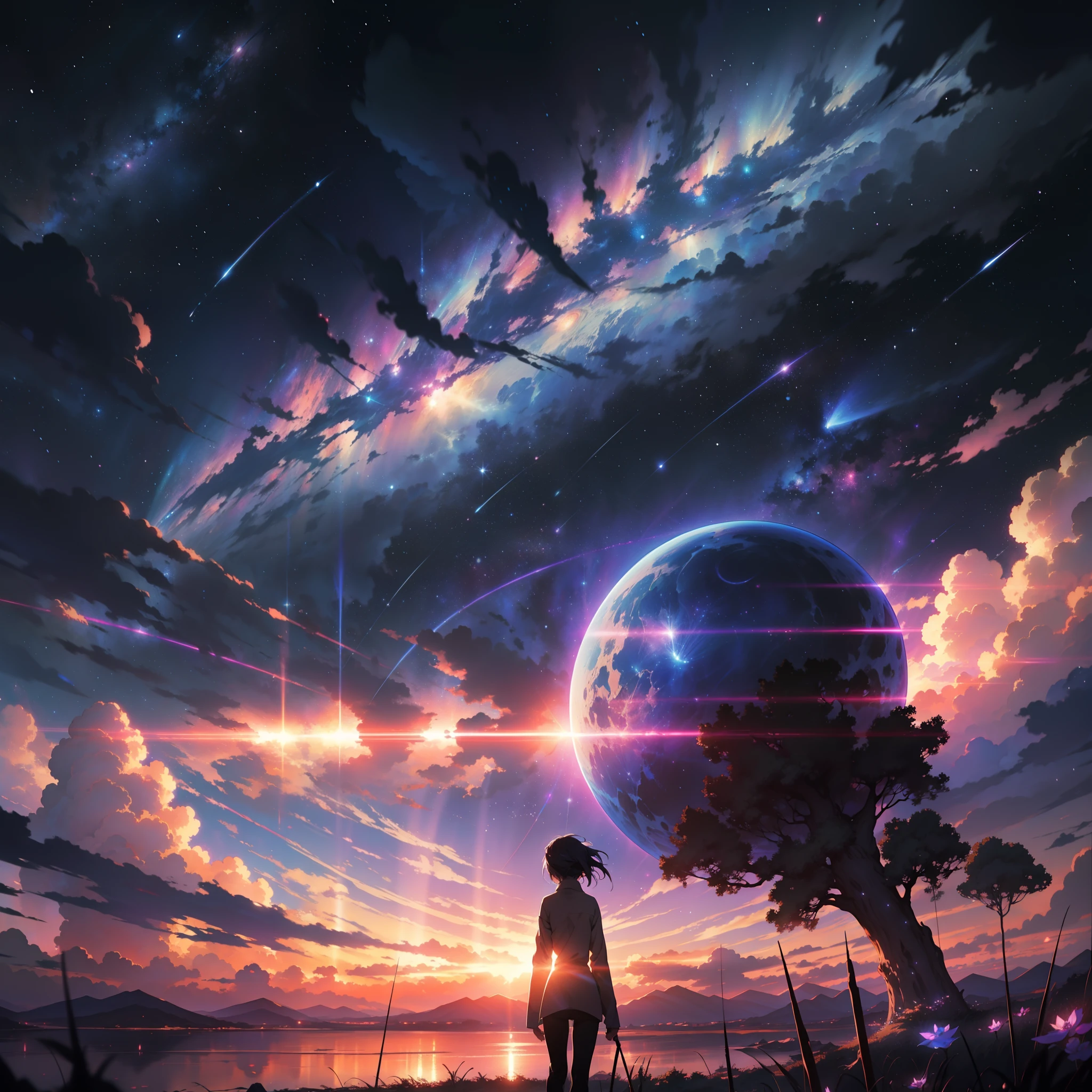 anime - style scene of the most beautiful aesthetic cosmic psychedelic sky with a shooting star and a distant planet, aesthetic cosmic psychedelic atmospheric skies. by makoto shinkai, anime art wallpaper 4k, anime art wallpaper 4 k, anime art wallpaper 8 k, anime wallpaper 4k, anime wallpaper 4 k, 4k anime wallpaper, anime sky, amazing wallpaper, anime background, heaven planet in background, anime background art