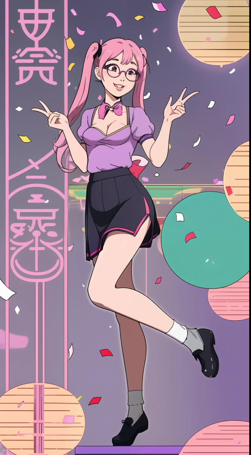 Confetti, party club. 1 girl young girl with glasses, she smiles, tall, small eyes, age, "side bunds", pink pigtails hair, big lips, waring a purple monochromatic cheongsam. Skirt with petticoat (short sleeves) and ((cleavage)) pink ribbon.