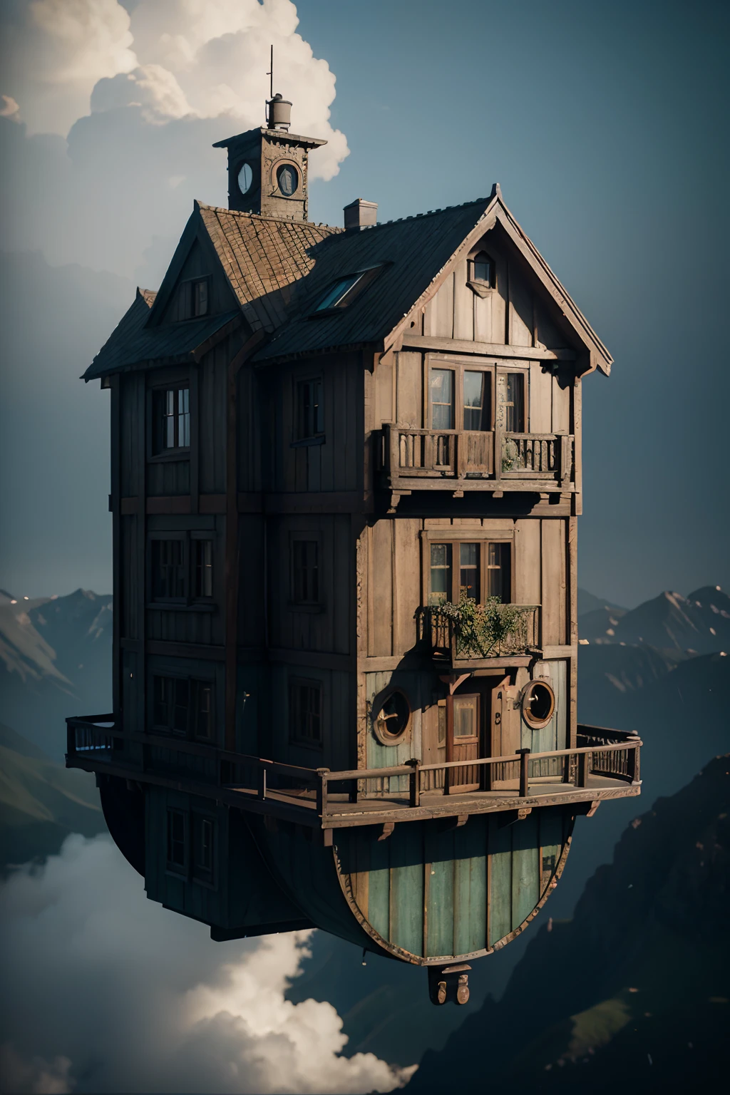 photorealistic flying house, many details, Ultra detailed, octane render, by Alexander Jansson --ar 2:1