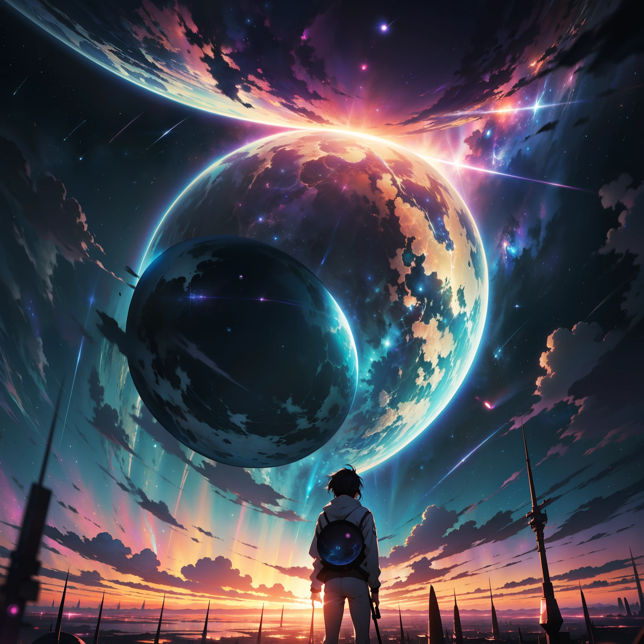 Create an image depicting a vast galaxy filled with swirling nebulas and distant stars. In the foreground, a sleek spaceship glides through the cosmic expanse, reflecting the shimmering light of nearby stars. The scene captures the awe-inspiring beauty and mystery of deep space exploration. Interstellar