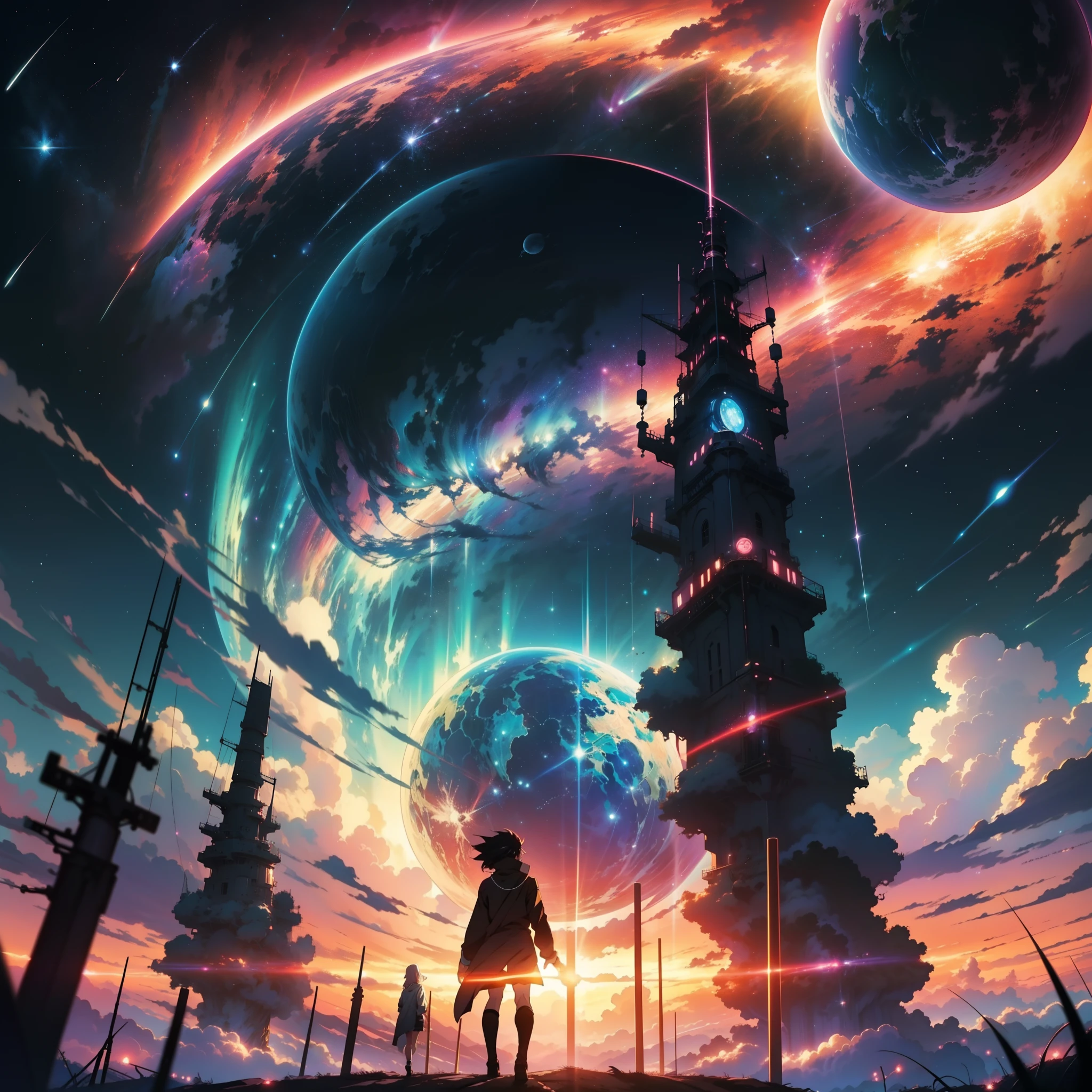 anime - style scene of the most beautiful aesthetic cosmic psychedelic sky with a shooting star and a distant planet, aesthetic cosmic psychedelic atmospheric skies. by makoto shinkai, anime art wallpaper 4k, anime art wallpaper 4 k, anime art wallpaper 8 k, anime wallpaper 4k, anime wallpaper 4 k, 4k anime wallpaper, anime sky, amazing wallpaper, anime background, heaven planet in background, anime background art