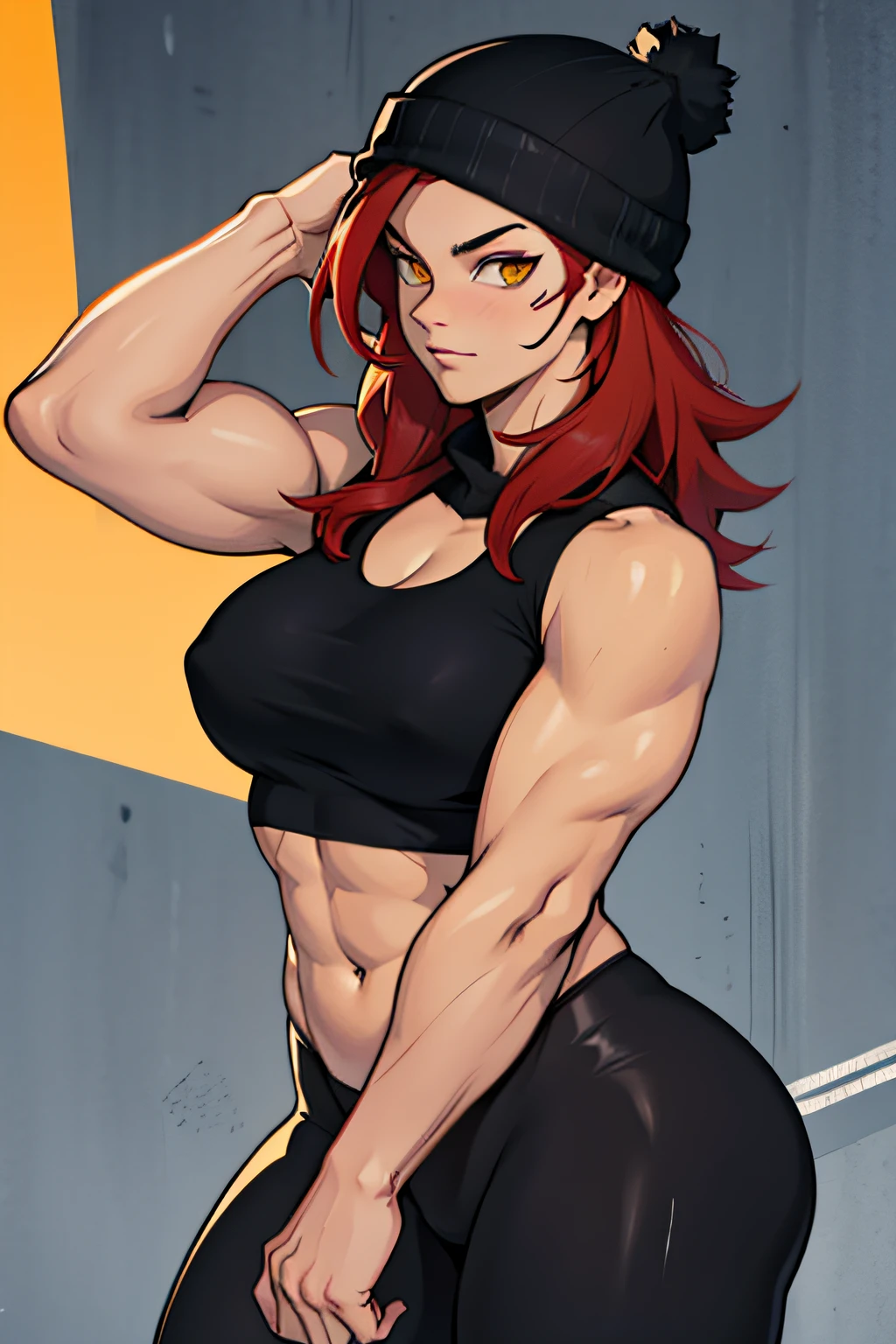 1 woman, muscular, beanie, black top, black leggings, red hair, yellow eyes,