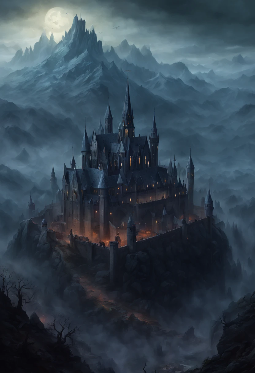 Gothic castle with a medival town within the castle walls, thick fog, scary, with mountains in the background, with the cemetary near, vampire, Dnd battlemap, view from above, fantasy map, in the style of Greg Rutkowski, dark color palette, masterpiece, 4k, intricate detail, illustration, painting, oil painting, art