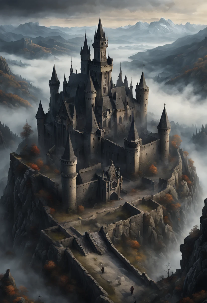 Gothic castle with a medival town within the castle walls, thick fog, scary, with mountains in the background, with the cemetary near, vampire, Dnd battlemap, view from above, fantasy map, in the style of Greg Rutkowski, dark color palette, masterpiece, 4k, intricate detail, illustration, painting, oil painting, art