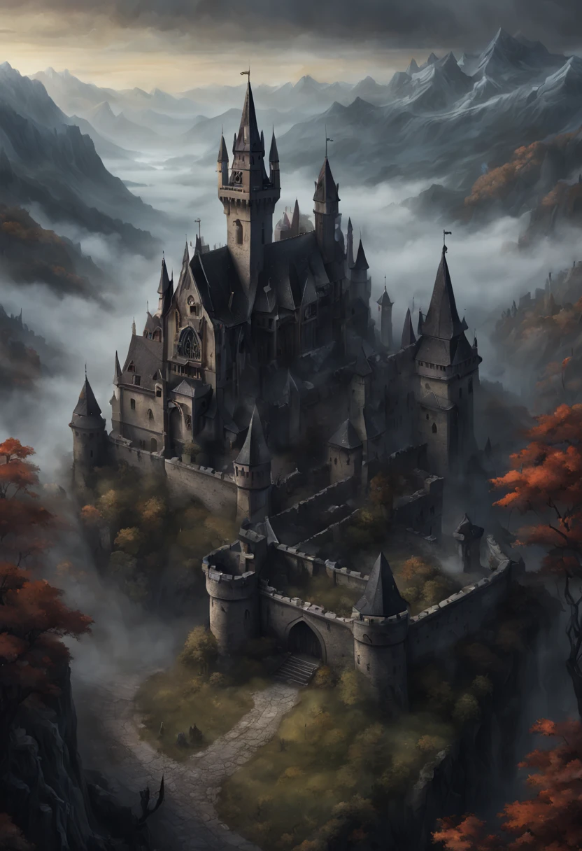Gothic castle with a medival town within the castle walls, thick fog, scary, with mountains in the background, with the cemetary near, vampire, Dnd battlemap, view from above, fantasy map, in the style of Greg Rutkowski, dark color palette, masterpiece, 4k, intricate detail, illustration, painting, oil painting, art
