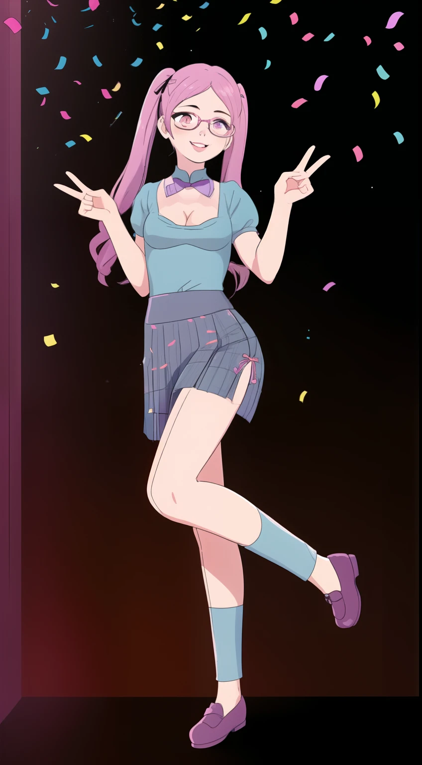 Confetti, party club. Led lights, chiaroscuro. 1 girl young girl with glasses, she smiles, tall, small eyes, teenage, "side bunds", pink pigtails hair, big lips, waring a purple monochromatic cheongsam. Skirt with petticoat (short sleeves) and ((cleavage)) pink ribbon.