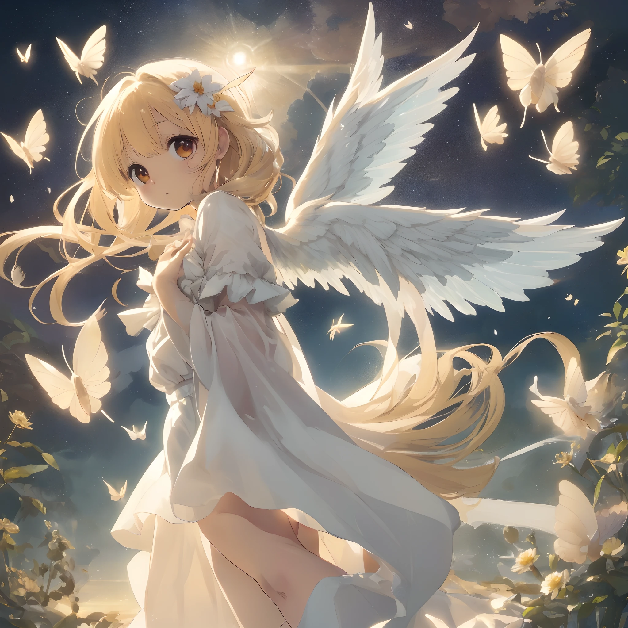 angel, small, cute, wings, golden halo, flying, peaceful, heavenly, pure, gentle, ethereal, soft, delicate, innocent, cherubic, divine, celestial, radiant, serenity, dreamy, magical, floating, graceful, harmonious, tranquility, blissful, tender, ethereal light, shimmering, serene garden, flowers, butterflies, golden light, celestial beings