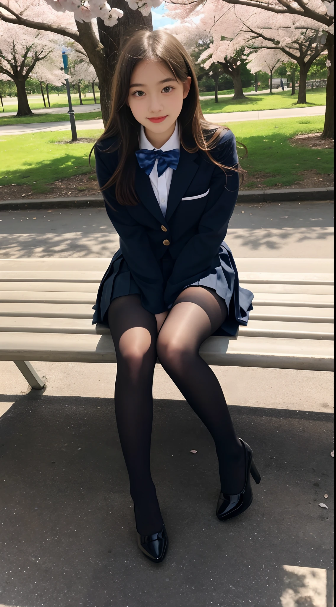 16 year old pre-teen, European, blonde, small breasts, big eyes, long legs, close-up of thighs, school uniform, skirt tiny pleated, black tights, high heel shoes, Extremely high angle shot, from above the girl, (Reelmech: 1.5), vagina showing, park background, Trees, cherry blossom, mirrored floor with reflections, sitting on school chair , ray tracing, HDR