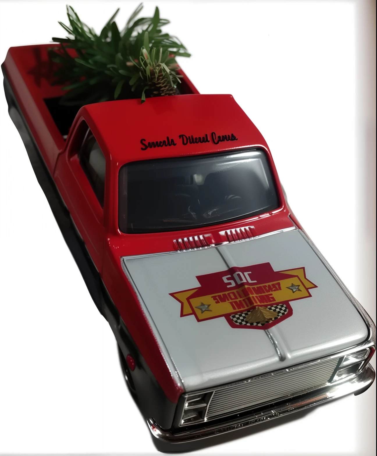There's a red toy truck with a Christmas tree on top, Detalhes precisos, Foto de alto detalhe, insanamente detalhado c 10.0, carro finamente detalhado, hq muito detalhado, Fotografia de maquete, Detalhe perfeito, imagem detalhada, micro detalhe, imaculadamente detalhado, modelo em miniatura, Altamente detalhado, Detalhe muito completo, modelo em miniatura, Arte Promocional, super detalhe