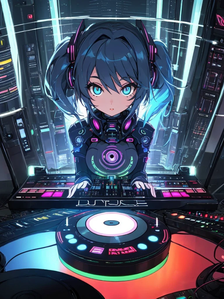 Futuristic female dj playing on turntables facing foward nice eyes virtical view