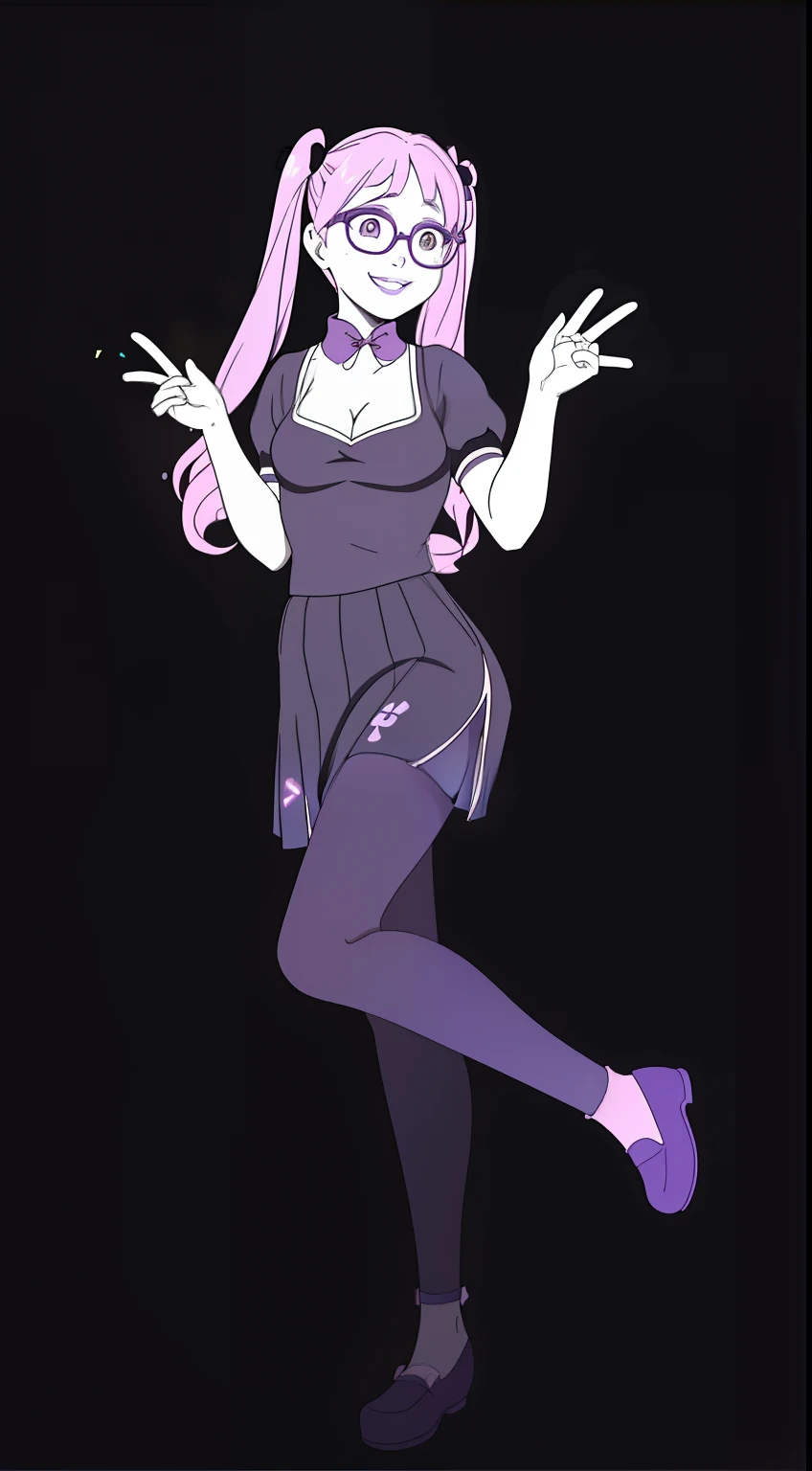 Confetti, party club. Led lights, chiaroscuro. 1 girl young girl with glasses, she smiles, tall, small eyes, teenage, "side bunds", pink pigtails hair, big lips, waring a purple monochromatic cheongsam. Skirt with petticoat (short sleeves) and ((cleavage)) pink ribbon.
