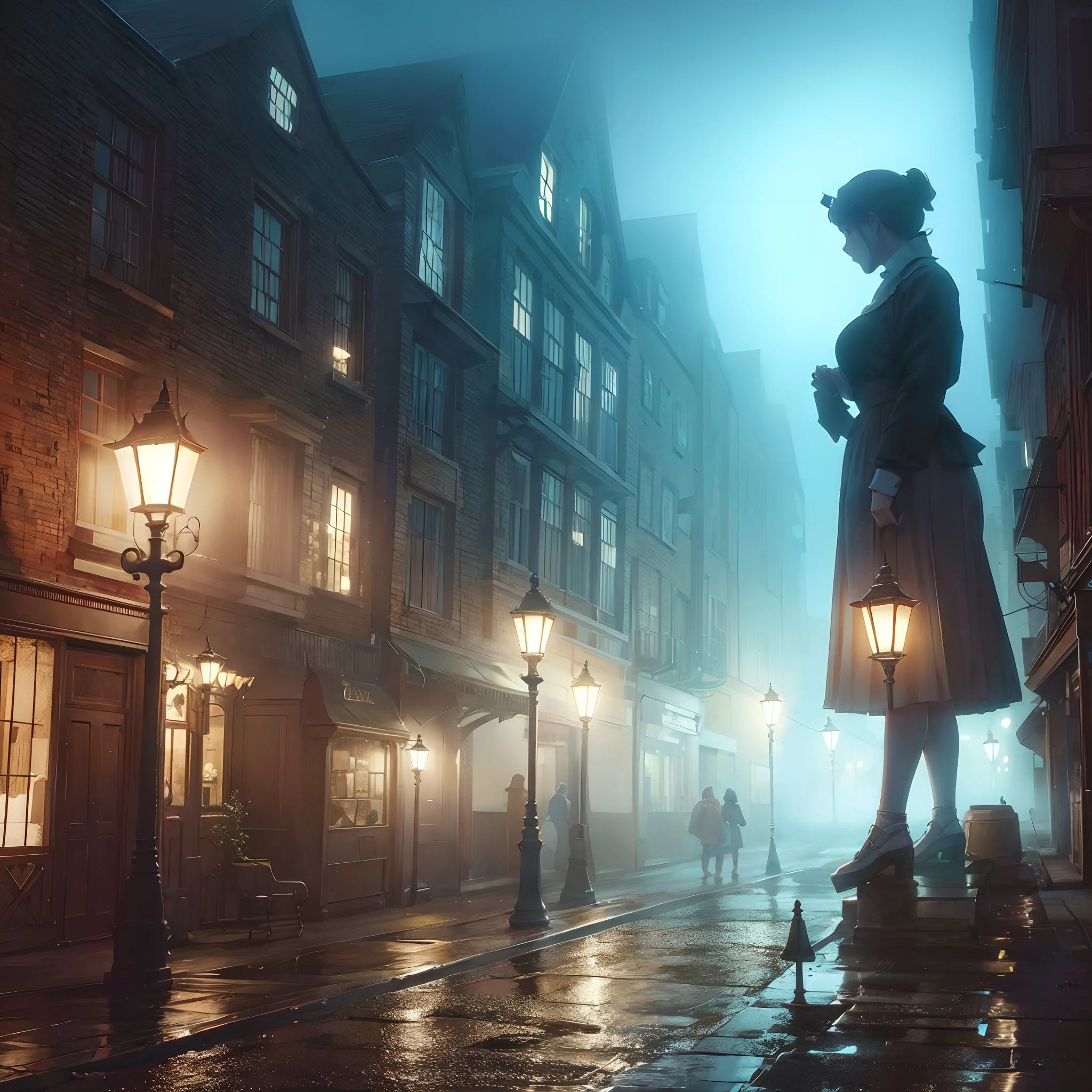 Streets of Old London. A huge girl is standing there. Look at me. Gas lamps and fog. Street corner at night.