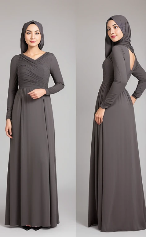 Front and back portrait of a woman wearing a lonfg-sleeved floor-long dress and a grey khimar.