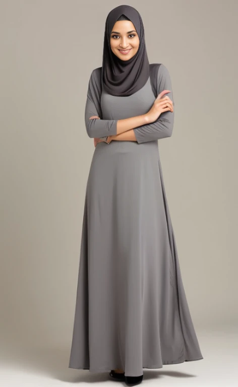 Front and back portrait of a woman wearing a lonfg-sleeved floor-long dress and a grey khimar.