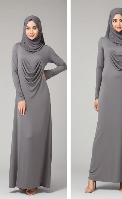 Front and back portrait of a woman wearing a lonfg-sleeved floor-long dress and a grey khimar.