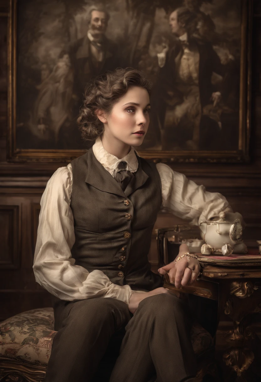 (brown suit),(dark victorian living room),(holding a photo frame of world war ii soldier),(naturally curly dark hair),(bob victorian curls),(thin conservative woman),(serious expression),(vintage ambiance),(antique furniture),(velvet curtains),(wooden floor),(dimly lit),(bronze chandelier),(ornate fireplace),(nostalgic atmosphere),(intricate wallpaper),(mahogany bookshelf),(aged photo frame),(portrait of a soldier),(emotional connection),(historical significance),(timeless beauty),(elegant pose),(thoughtful gaze),(old black and white photographs),(nostalgic artifacts),(classic elegance),(regal demeanor),(vintage fashion),(subtle makeup),(delicate features),(understated sophistication),(gentle gestures),(tranquil ambiance),(victorian era charm),(hand-tied bows),(subdued colors),(soft lighting),(timeless portrait)