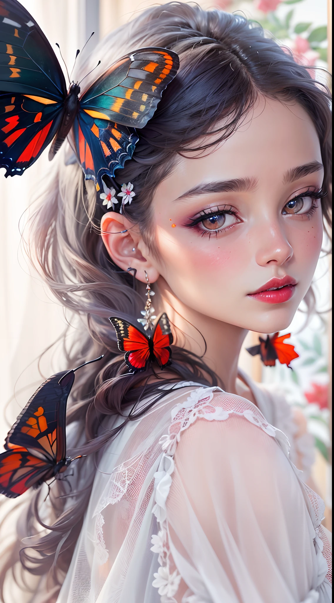 (best quality,4k,highres,masterpiece:1.2),ultra-detailed,realistic,portrait,profile view, bright makeup,vivid red full lips, black butterfly sitting on the lips,elegant facial features,almond-shaped eyes,delicate nose,fair skin,smooth black hair,close-up