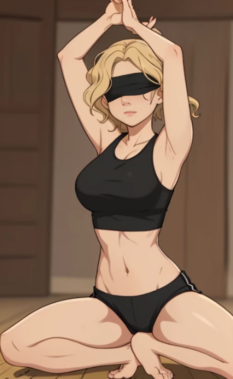 A beautiful blonde barefoot woman, with short wavy hair, wearing a blindfold, a black sportsbra and sportsshorts, doing the yoga lotos pose.