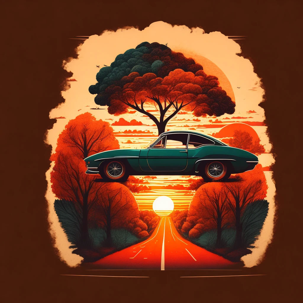 design de camisetas,Hand-drawn illustrations, Nostalgic sports cars on the road,Sunset，tree shade，personagem" CONTINUE"