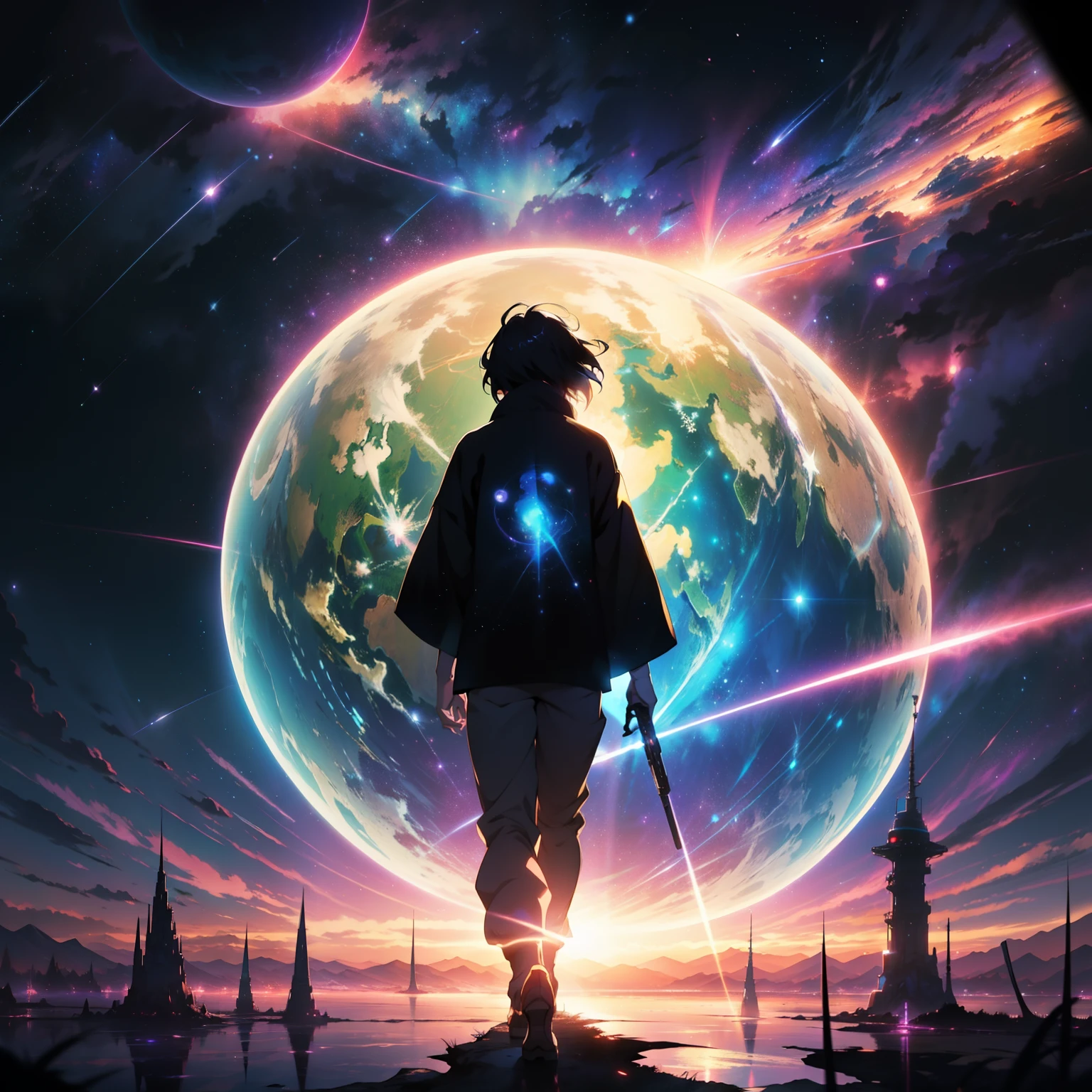 anime - style scene of the most beautiful aesthetic cosmic psychedelic sky with a shooting star and a distant planet, aesthetic cosmic psychedelic atmospheric skies. by makoto shinkai, anime art wallpaper 4k, anime art wallpaper 4 k, anime art wallpaper 8 k, anime wallpaper 4k, anime wallpaper 4 k, 4k anime wallpaper, anime sky, amazing wallpaper, anime background, enchanted heaven planet in background, anime background art